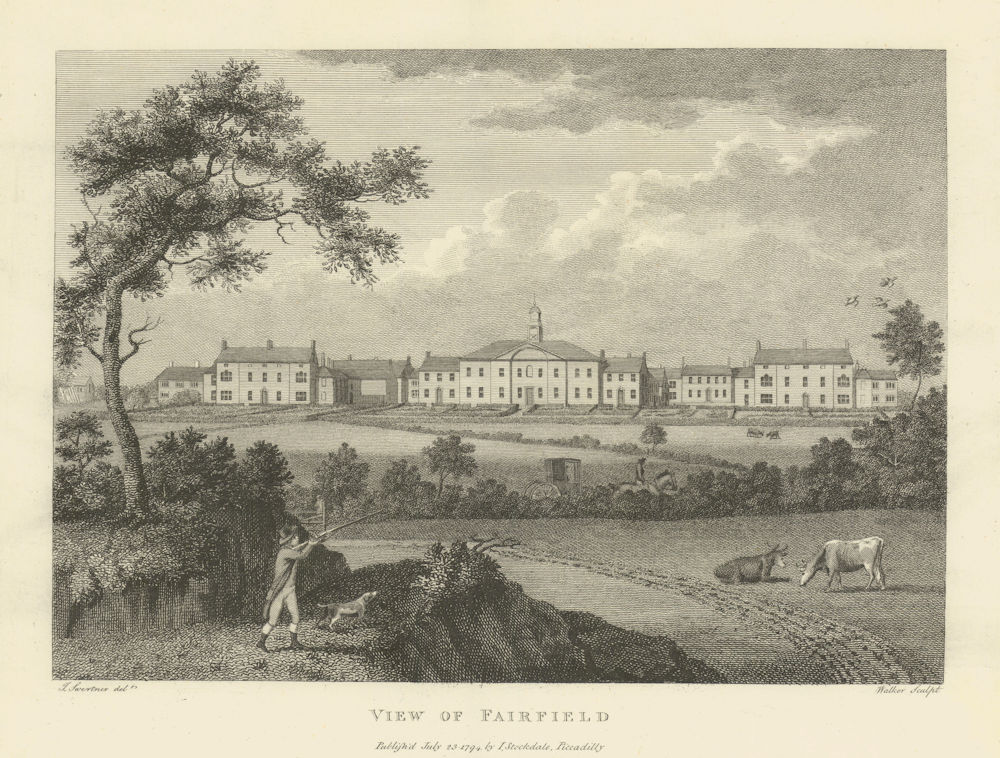 View of Fairfield Moravian settlement, Manchester. Aikin 1795 old print