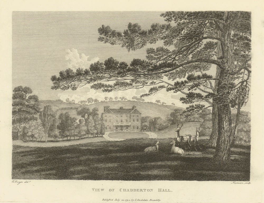View of Chadderton Hall, Lancashire. Aikin 1795 old antique print picture
