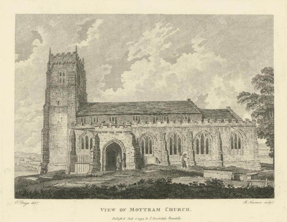 View of Mottram Church, Cheshire. Aikin 1795 old antique vintage print picture