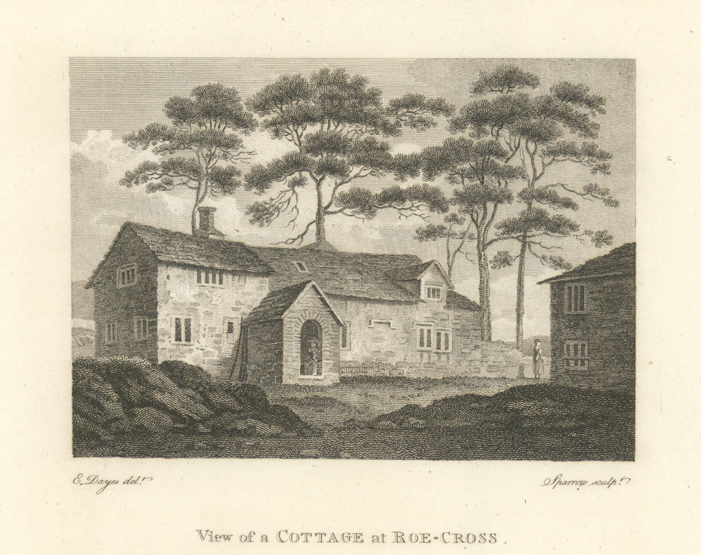 View of the cottage at Roe Cross, Cheshire. Aikin 1795 old antique print