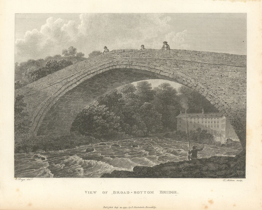 View of Broadbottom bridge, Cheshire. Aikin 1795 old antique print picture