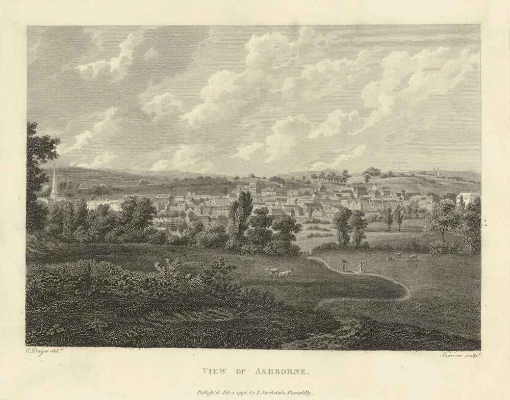 View of Ashborne (Ashbourne), Derbyshire. Aikin 1795 old antique print picture