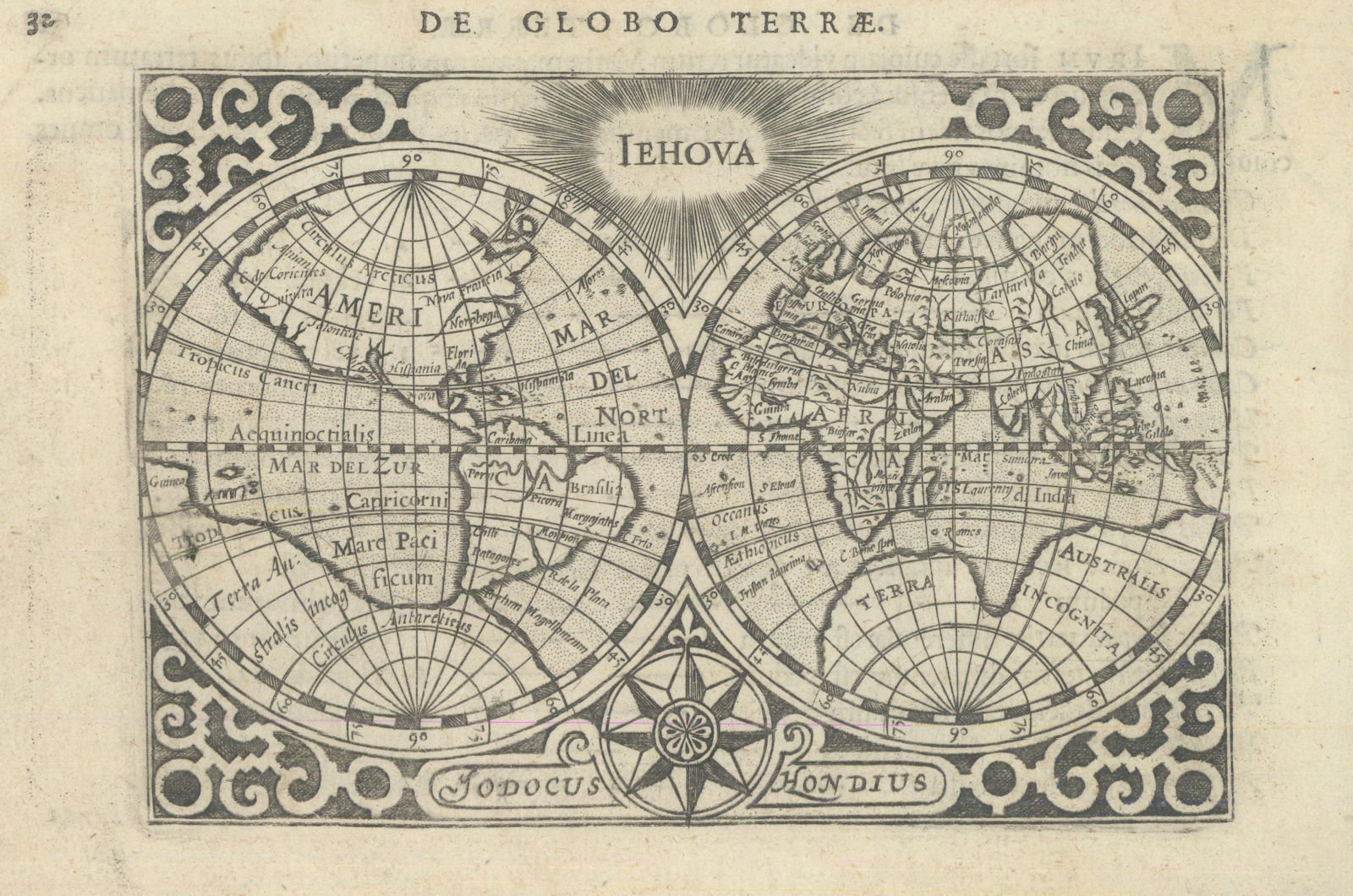 De Globo Terrae by Bertius / Langenes / Hondius. World in hemispheres 1603 map