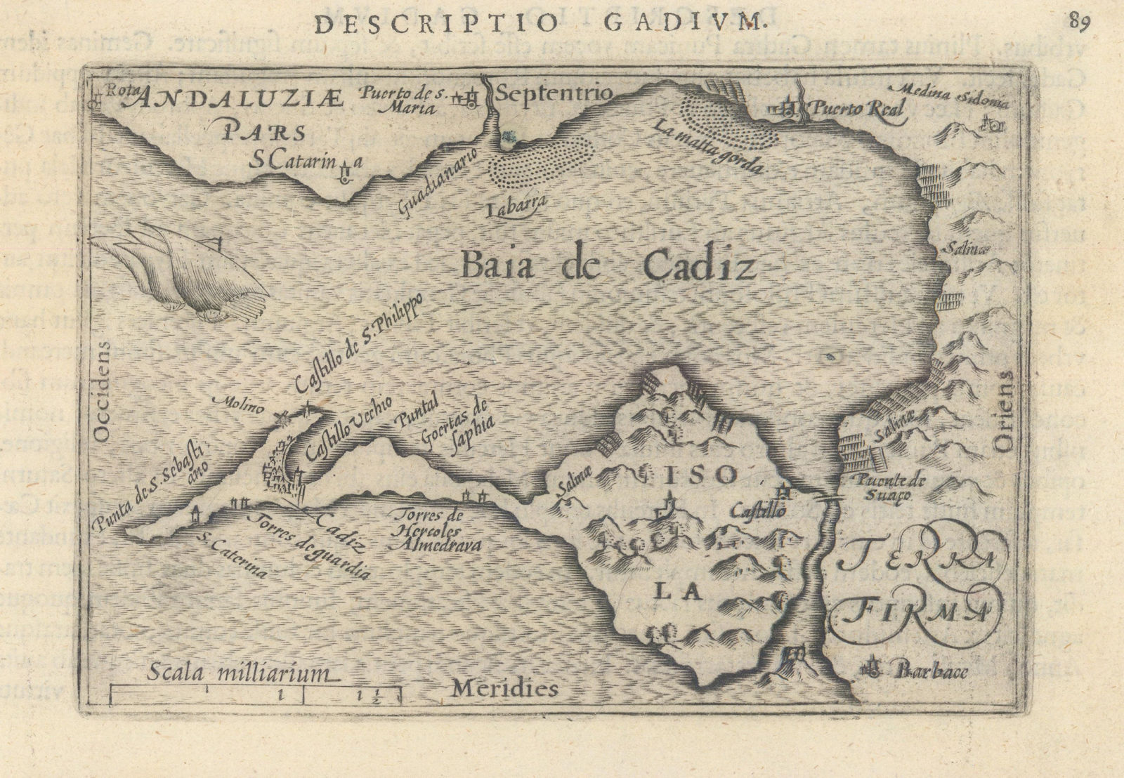 Gadium / Baia de Cadiz by Bertius / Langenes. Bay of Cadiz 1603 old map