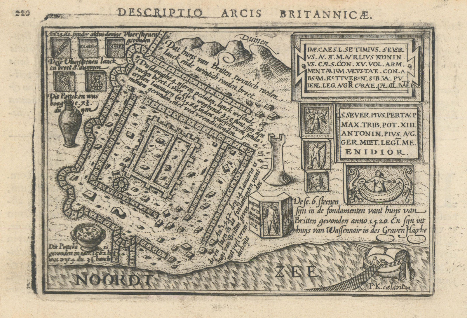 Arcis Britannicae by Bertius. Brittenburg Roman fort, Netherlands 1603 old map