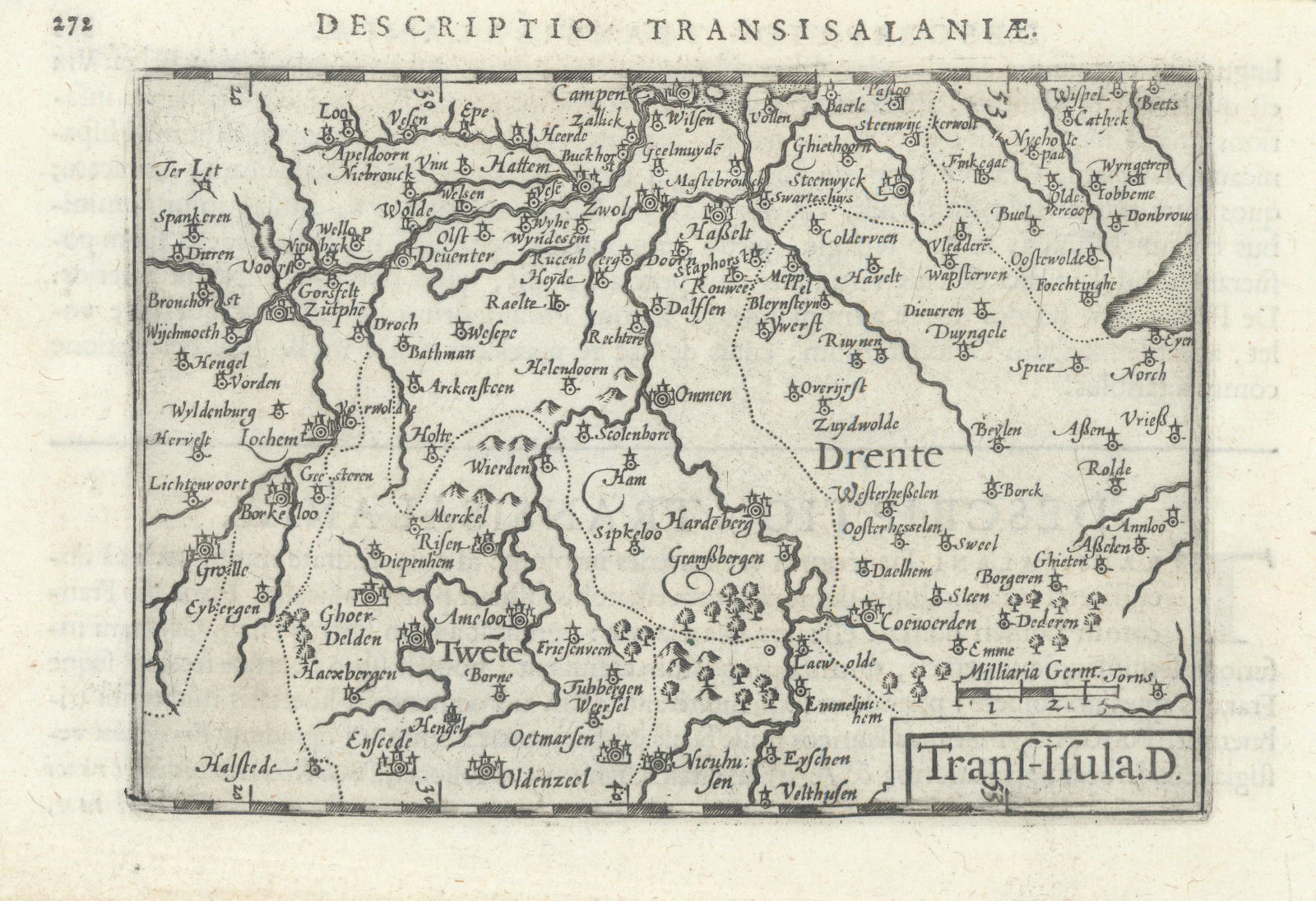 Trans-Isula by Bertius / Langenes. Overijssel & Drenthe, Netherlands 1603 map