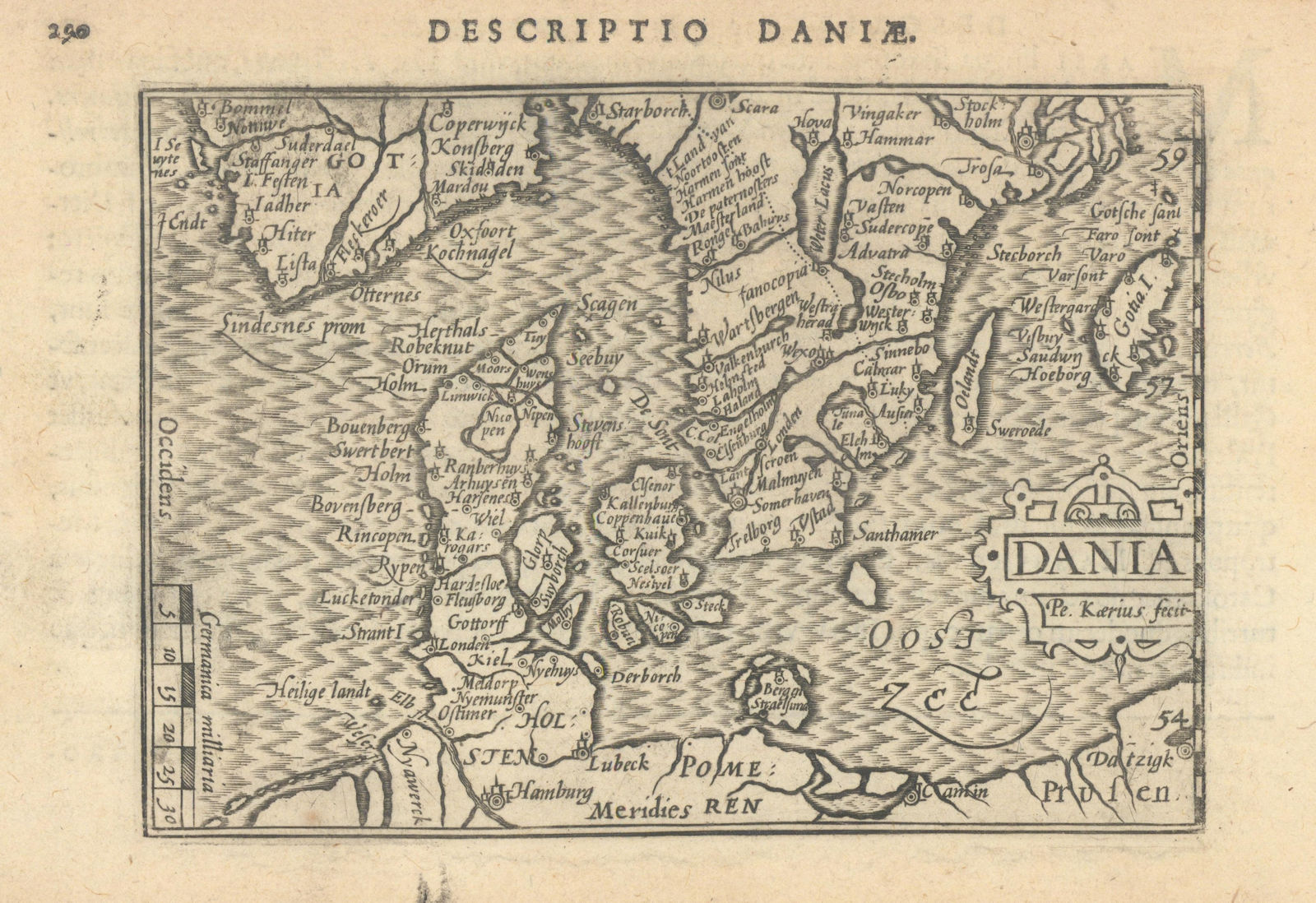 Daniae / Dania by Bertius / Langenes. Denmark, southern Norway & Sweden 1603 map