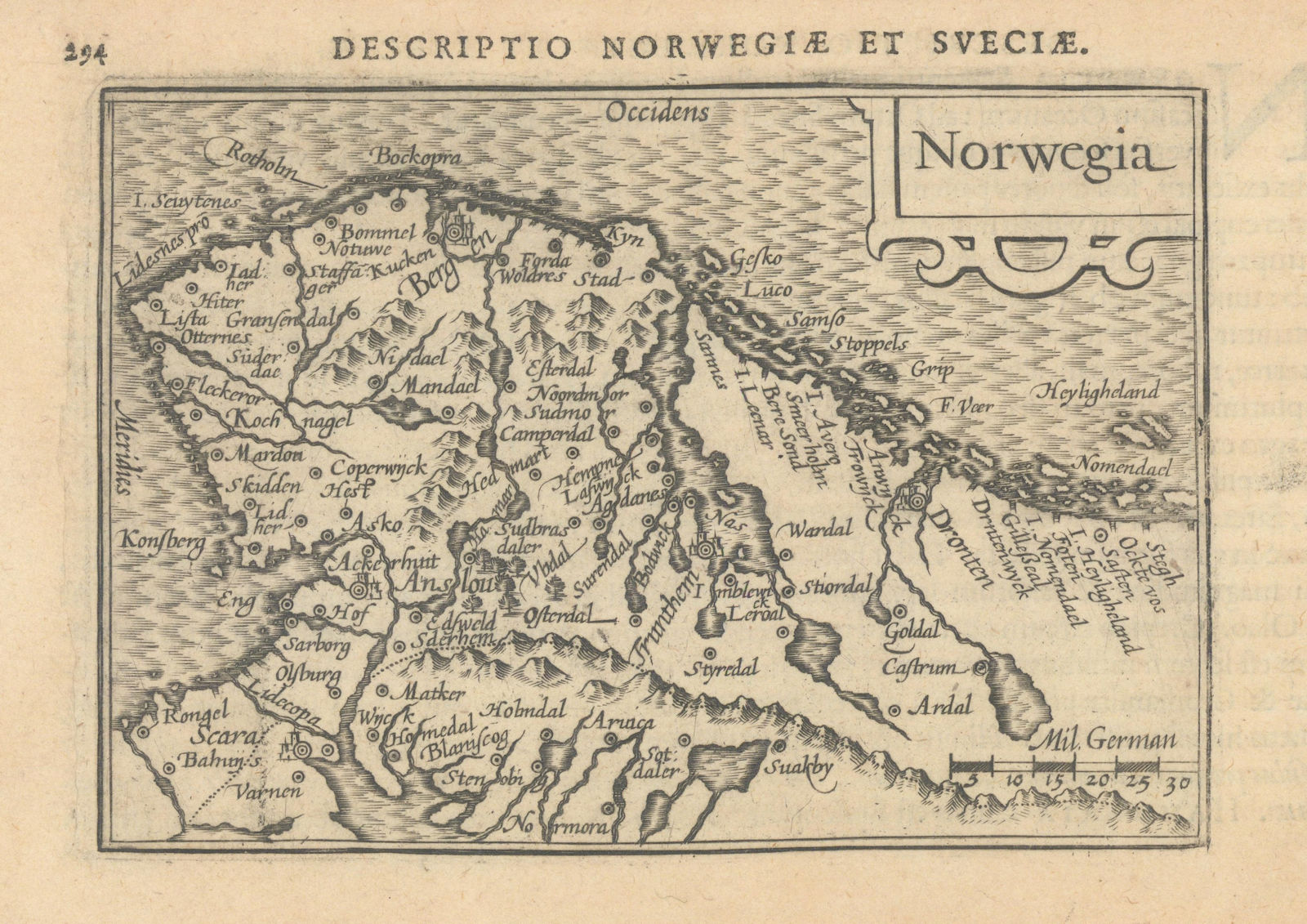 Norwegia by Bertius / Langenes. The first map to show Norway seperately 1603
