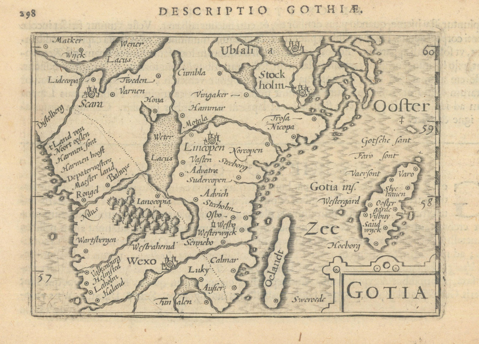 Gothiae / Gotia by Bertius / Langenes. Götaland, Southern Sweden 1603 old map