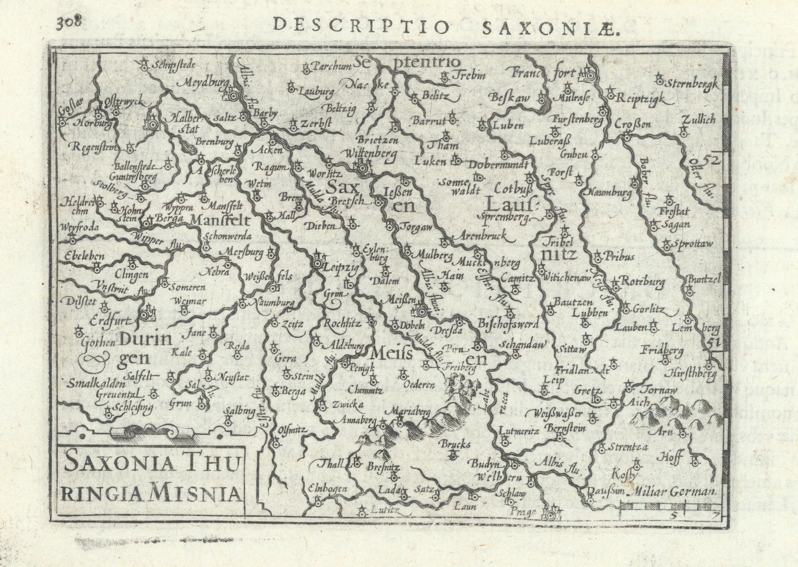 Saxonia Thuringia Misnia by Bertius/ Langenes. Saxony Thüringen Meissen 1603 map
