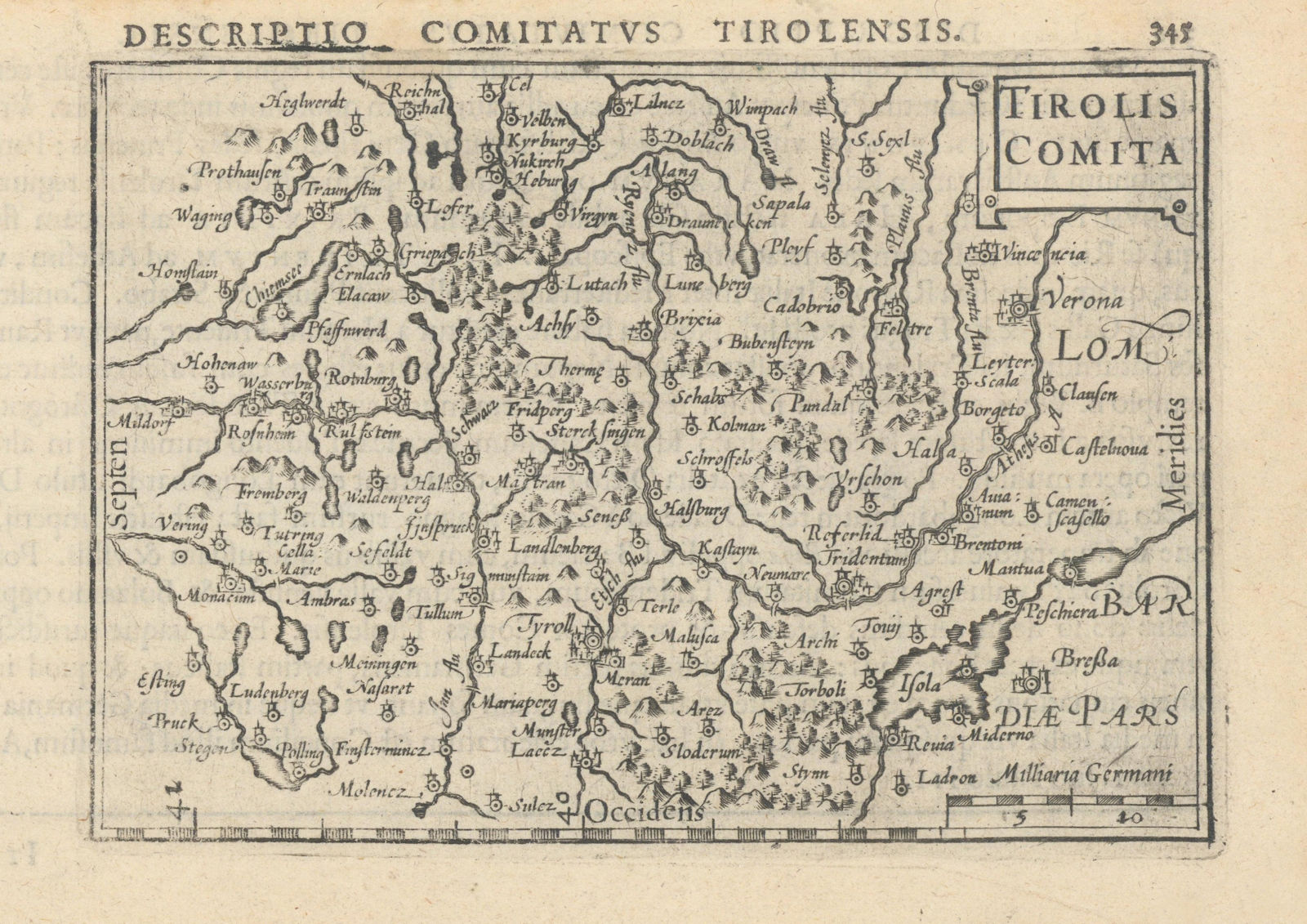 Tirolis Comita by Bertius / Langenes. The County of Tyrol 1603 old antique map