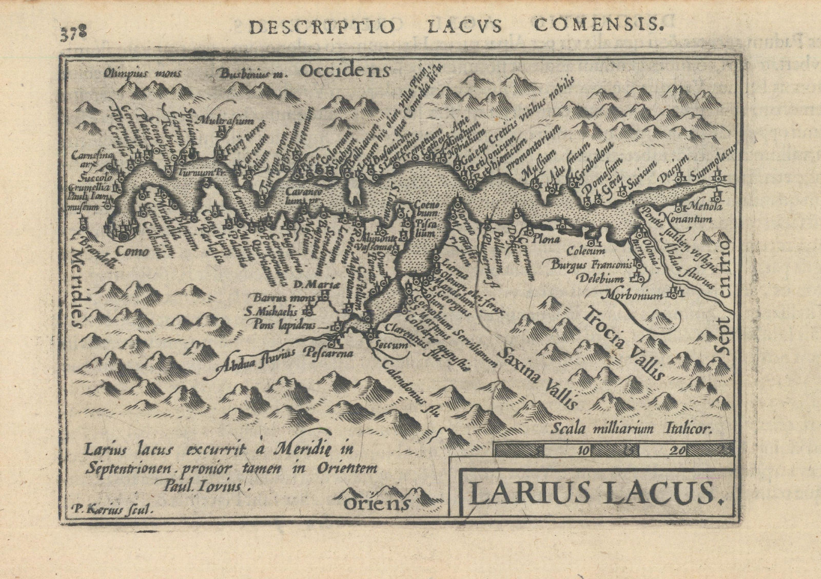 Lacus Comensis / Larius Lacus by Bertius / Langenes. Lake Como 1603 old map