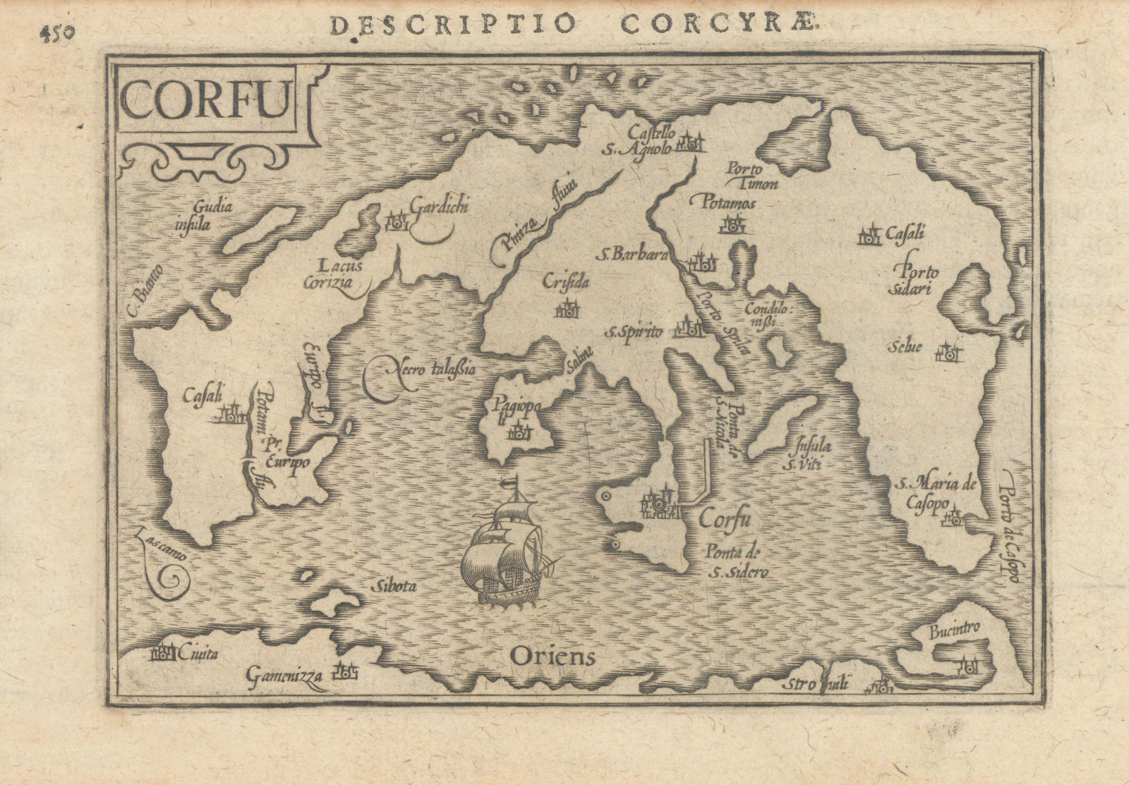 Corcyrae / Corfu by Bertius / Langenes 1603 old antique vintage map plan chart