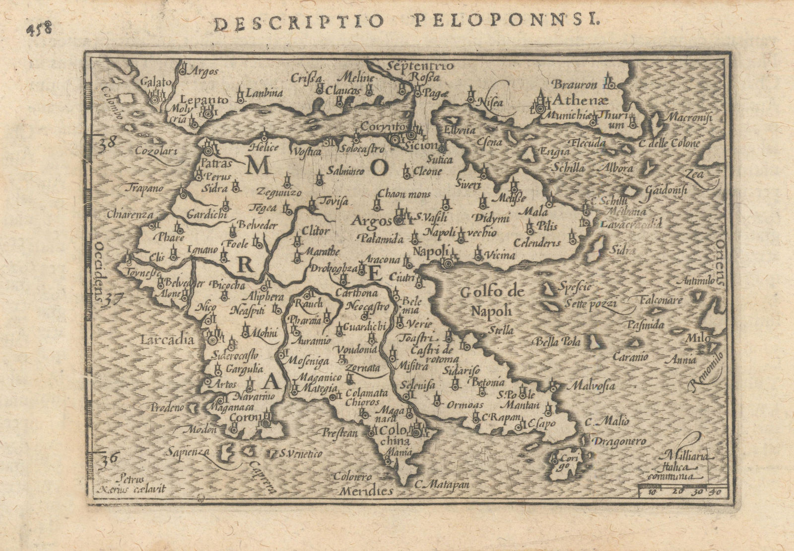 Peloponnsi / Morea by Bertius / Langenes. The Peloponnese, Greece 1603 old map