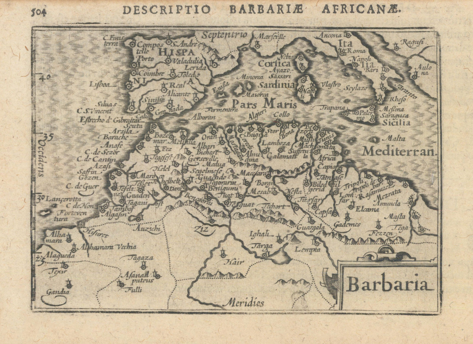 Barbariae Africanae / Barbaria by Bertius/ Langenes. North Africa Spain 1603 map