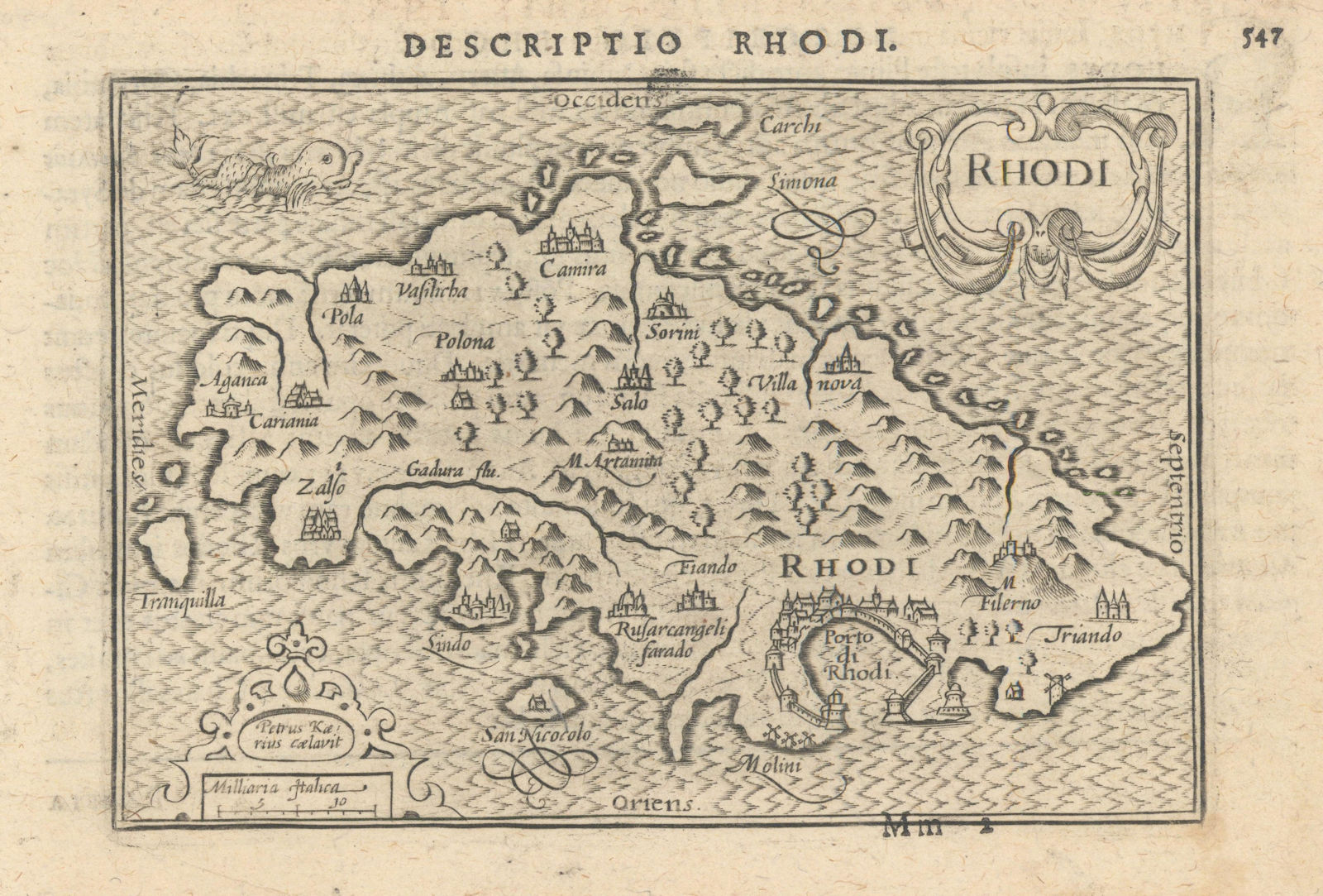 Rhodi by Bertius / Langenes. The island of Rhodes, Greece 1603 old antique map