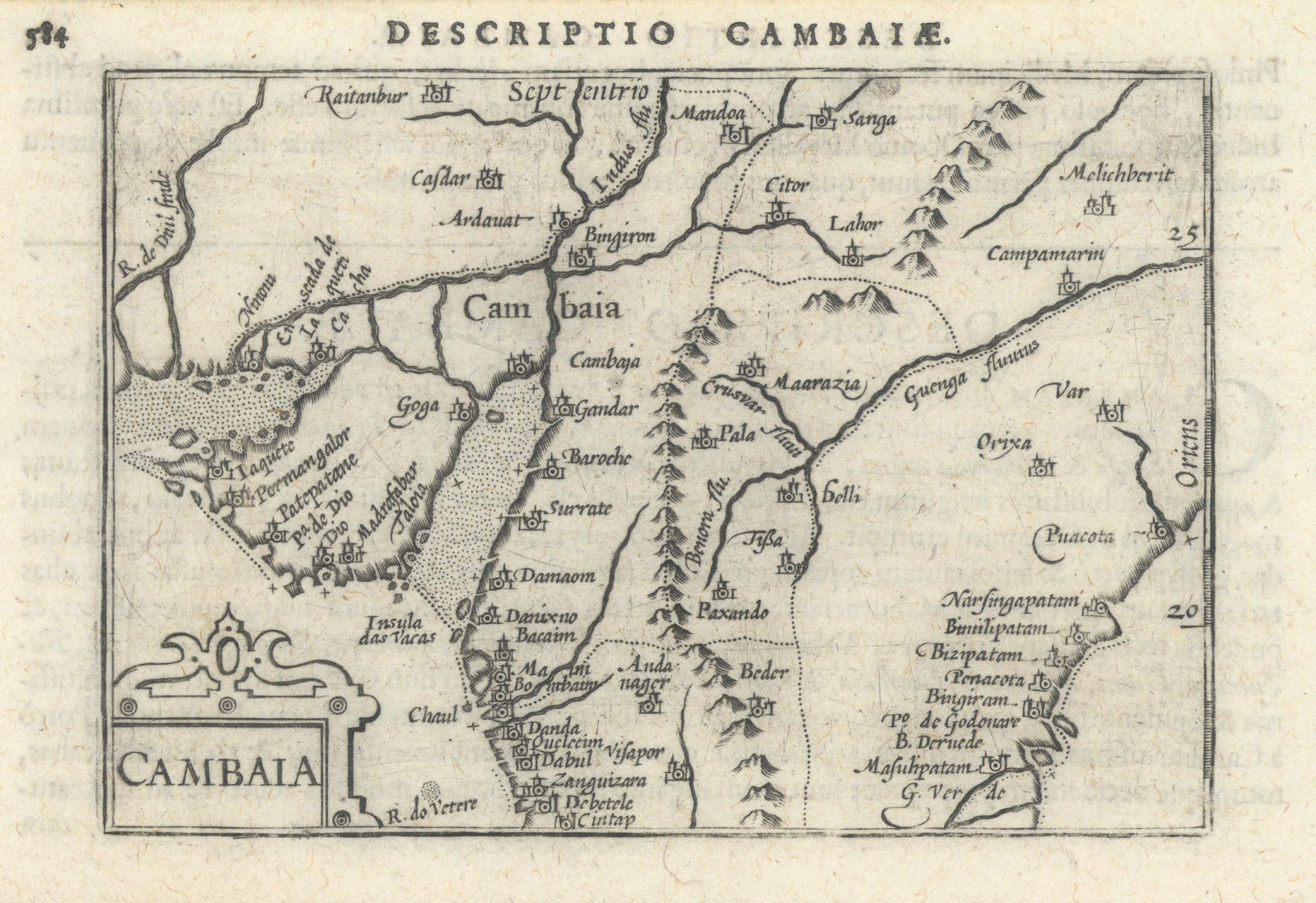 Cambaiae / Cambaia by Bertius / Langenes. Gujarat, India 1603 old antique map