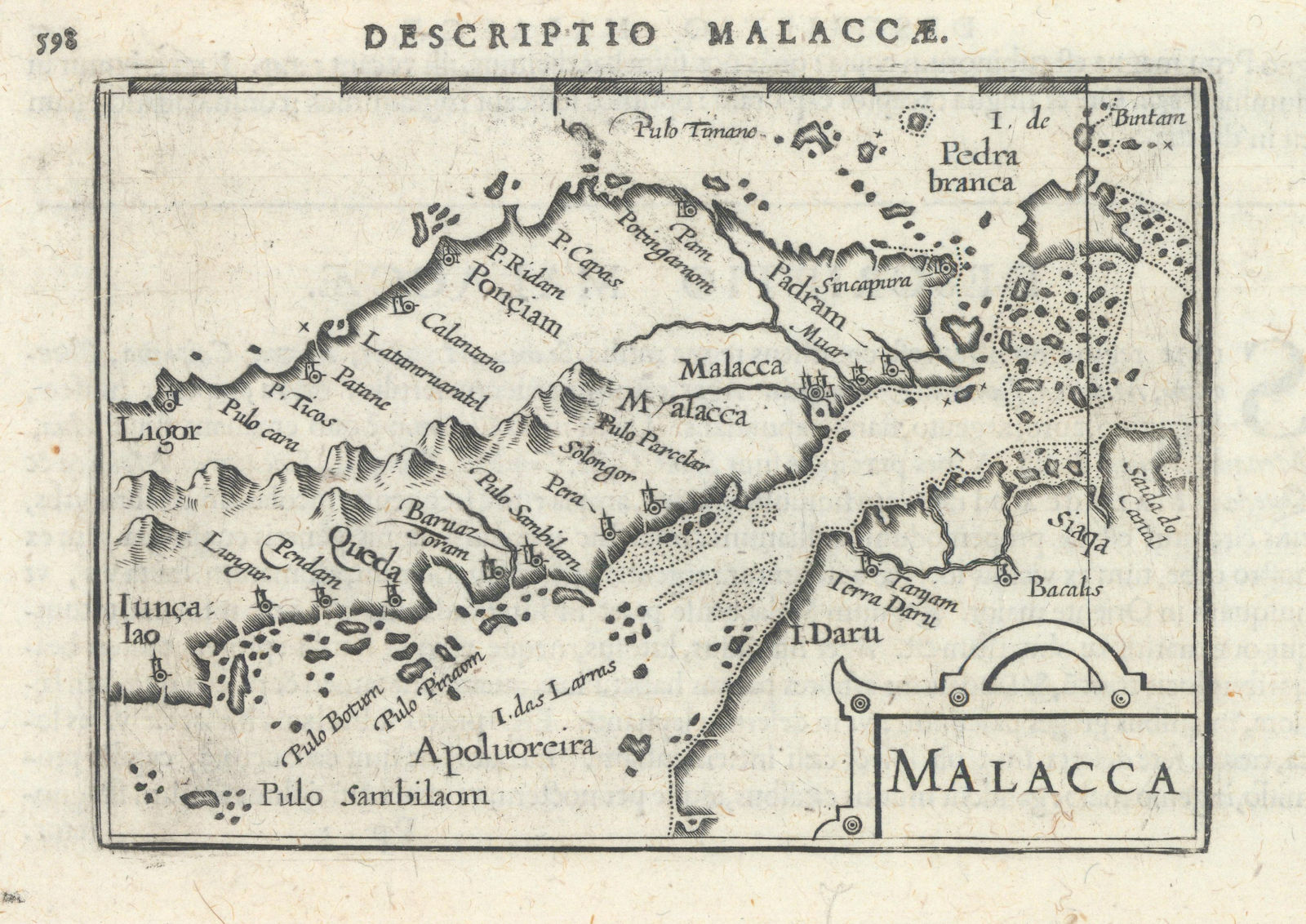 Malacca by Bertius/Langenes. Malay Peninsula, Singapore, Malacca Strait 1603 map