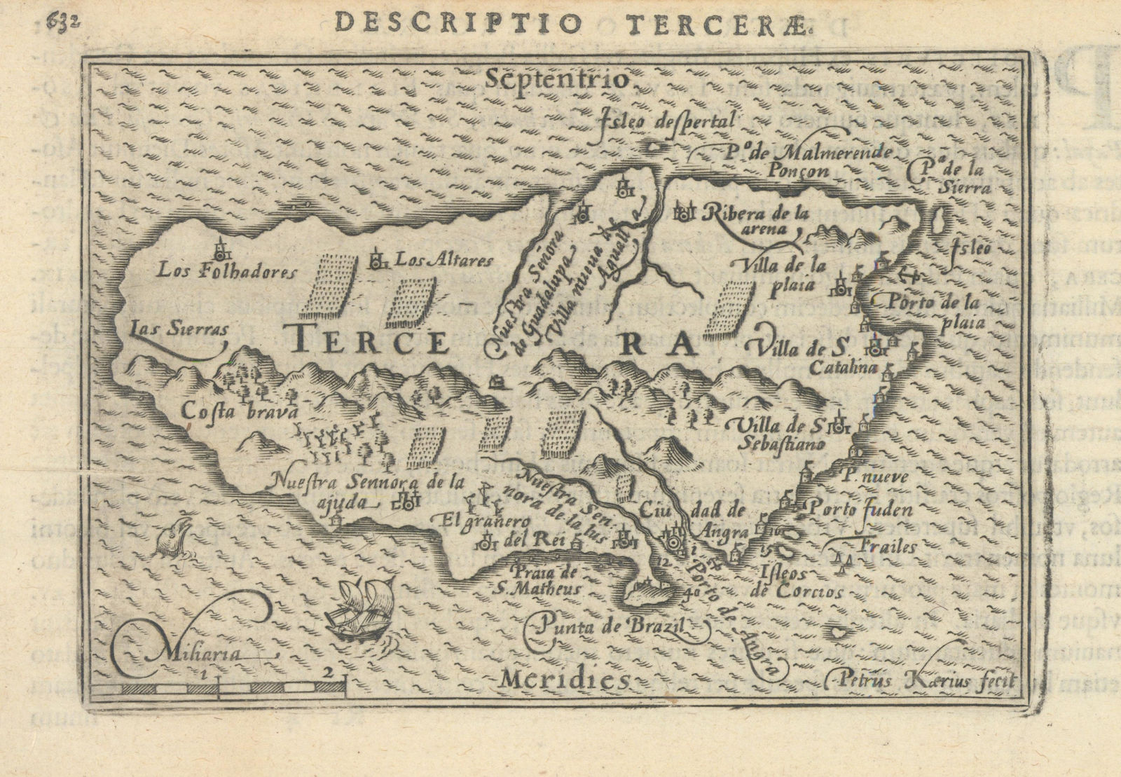 Tercerae / Tercera by Bertius / Langenes. Terceira Island, Azores 1603 old map