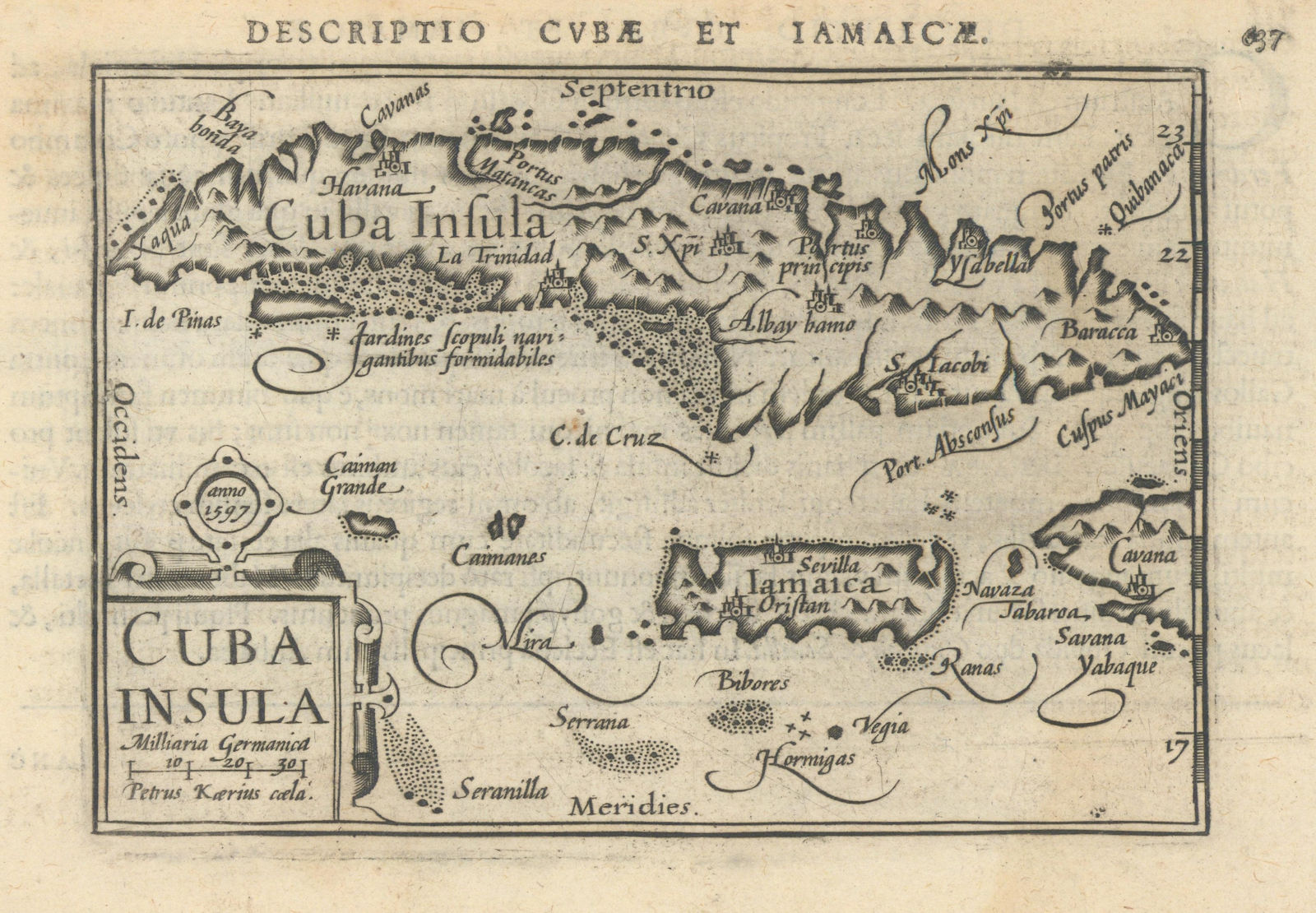 Cubae & Iamaicae /Cuba Insula by Bertius/Langenes. Cuba Jamaica Caymans 1603 map