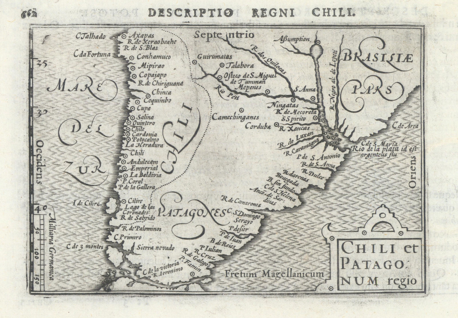 Chili et Patagonum regio by Bertius/Langenes. Chile Patagonia Argentina 1603 map