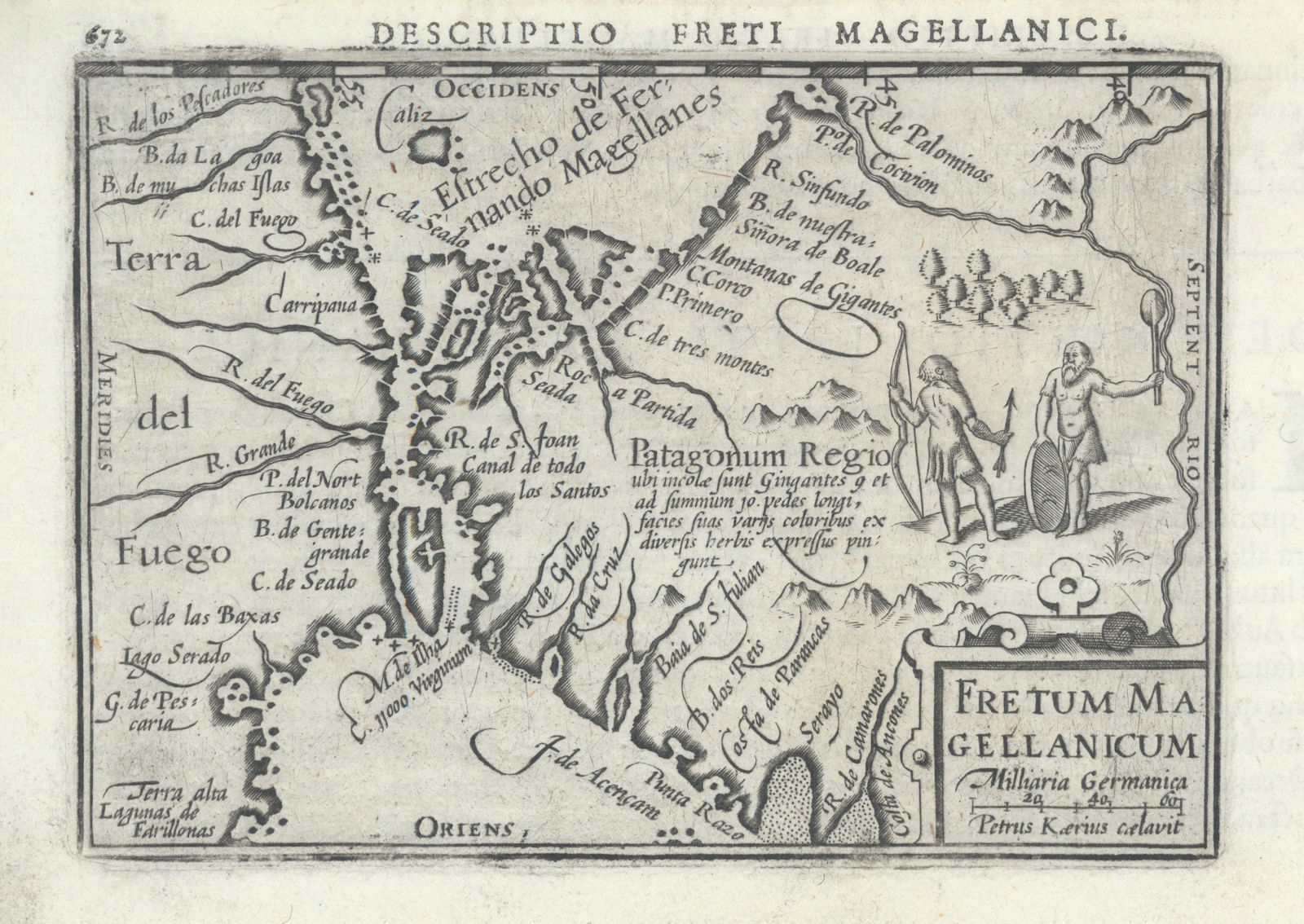 Freto Magellanicum by Bertius. Magellan Strait. Tierra del Fuego 1603 old map