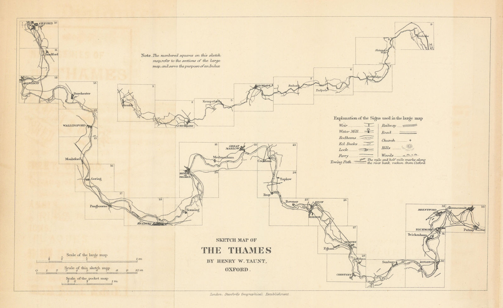 Sketch map of the Thames by Henry W. Taunt 1879 1887 old antique chart