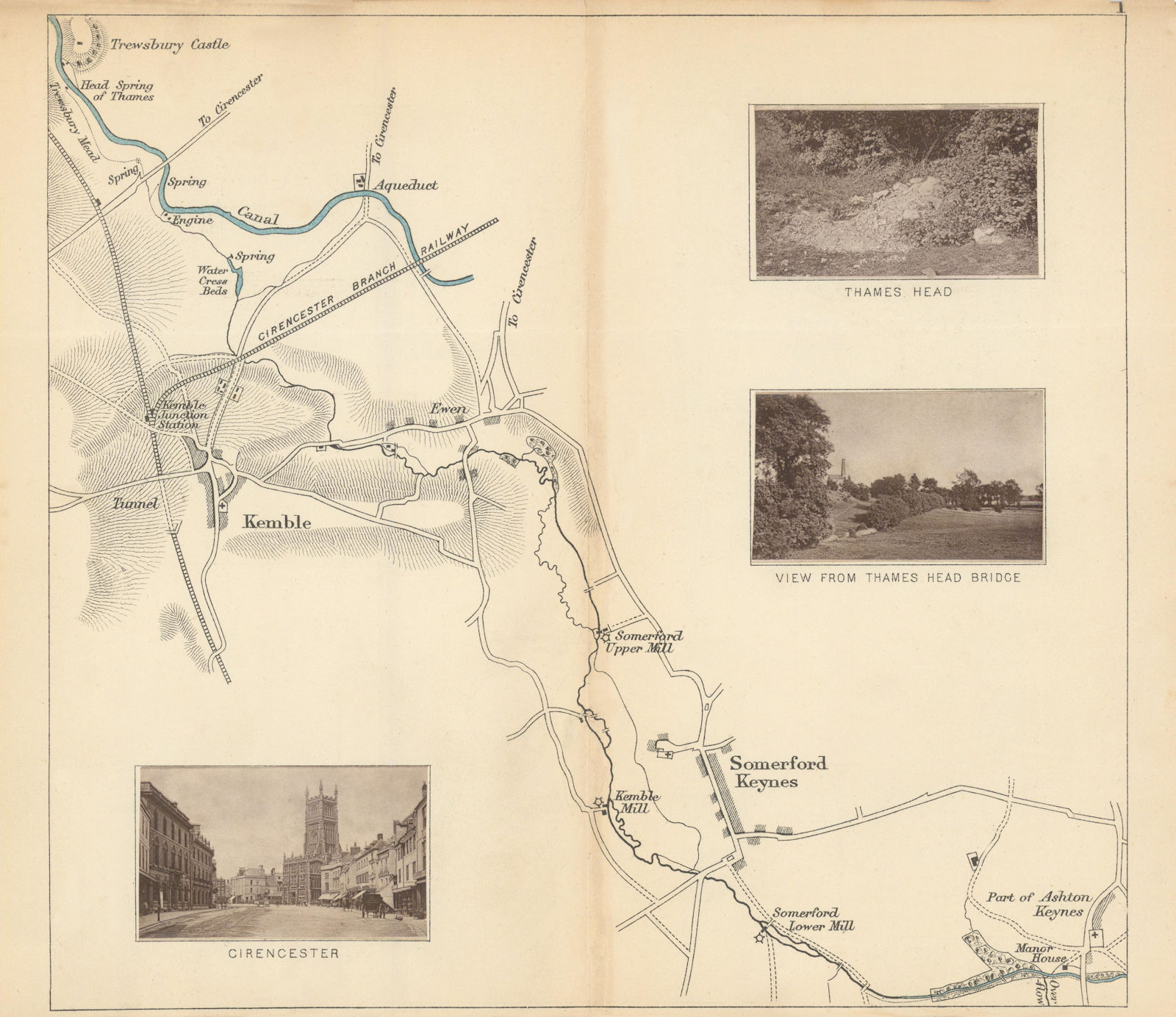 RIVER THAMES HEAD - Kemble - Somerford Keynes. Cirencester. TAUNT 1887 old map