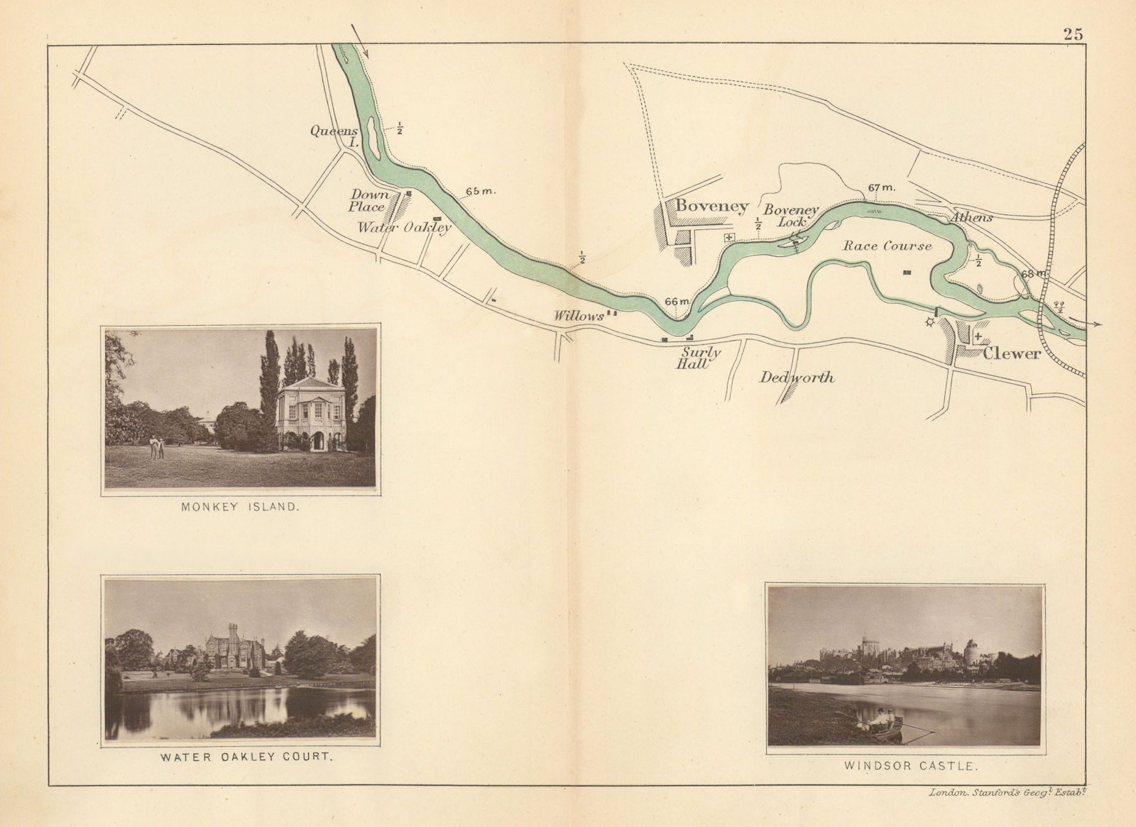 Associate Product RIVER THAMES Down Place Boveney Clewer Monkey Island Water Oakley TAUNT 1887 map