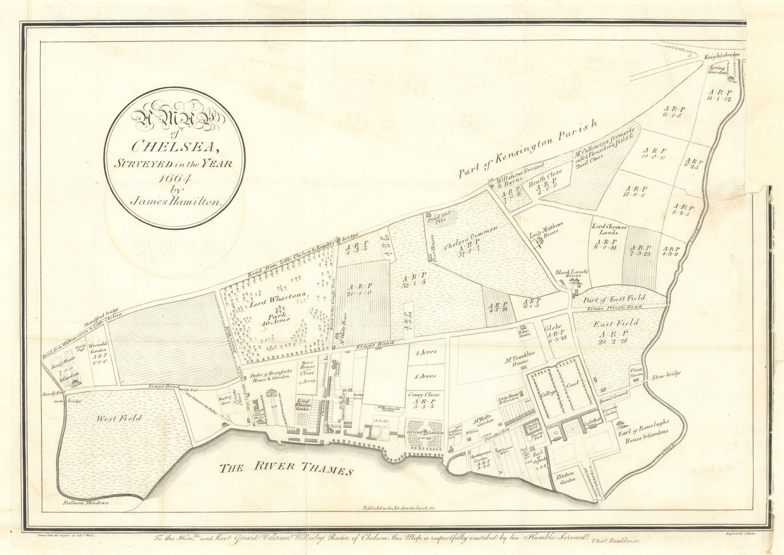 "Map of Chelsea surveyed in the year 1664 by James Hamilton". FAULKNER 1810