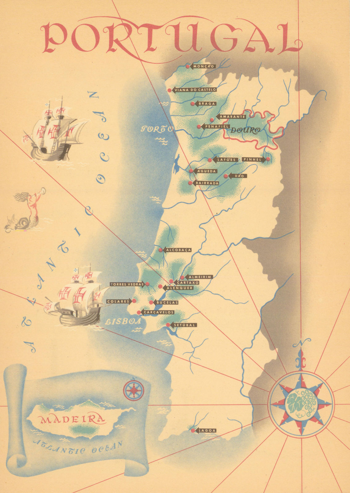 Portugal & Madeira wine districts map by Mario Costa 1948 old vintage