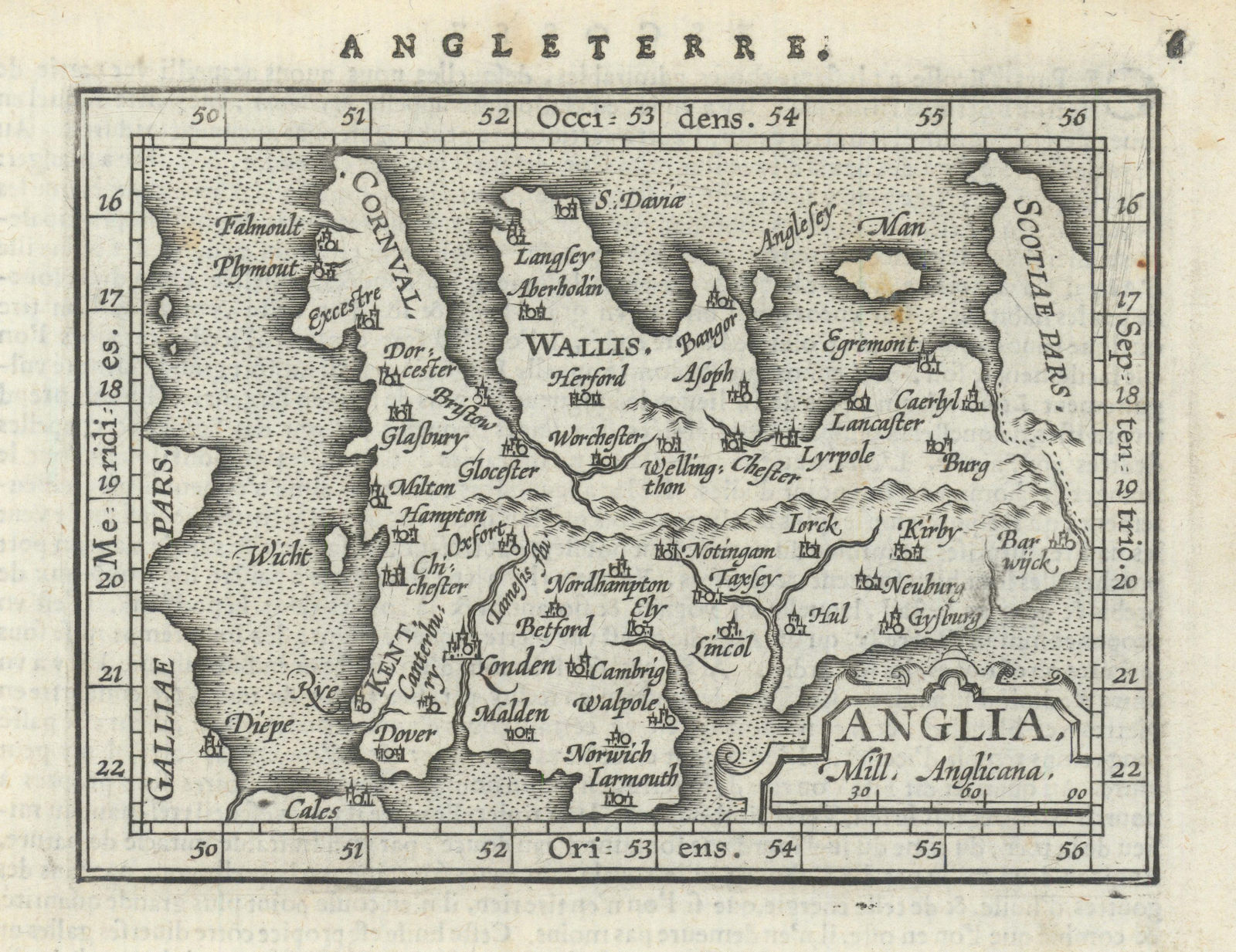 Anglia / Angleterre by Coignet. Ortelius miniature. England & Wales 1602 map