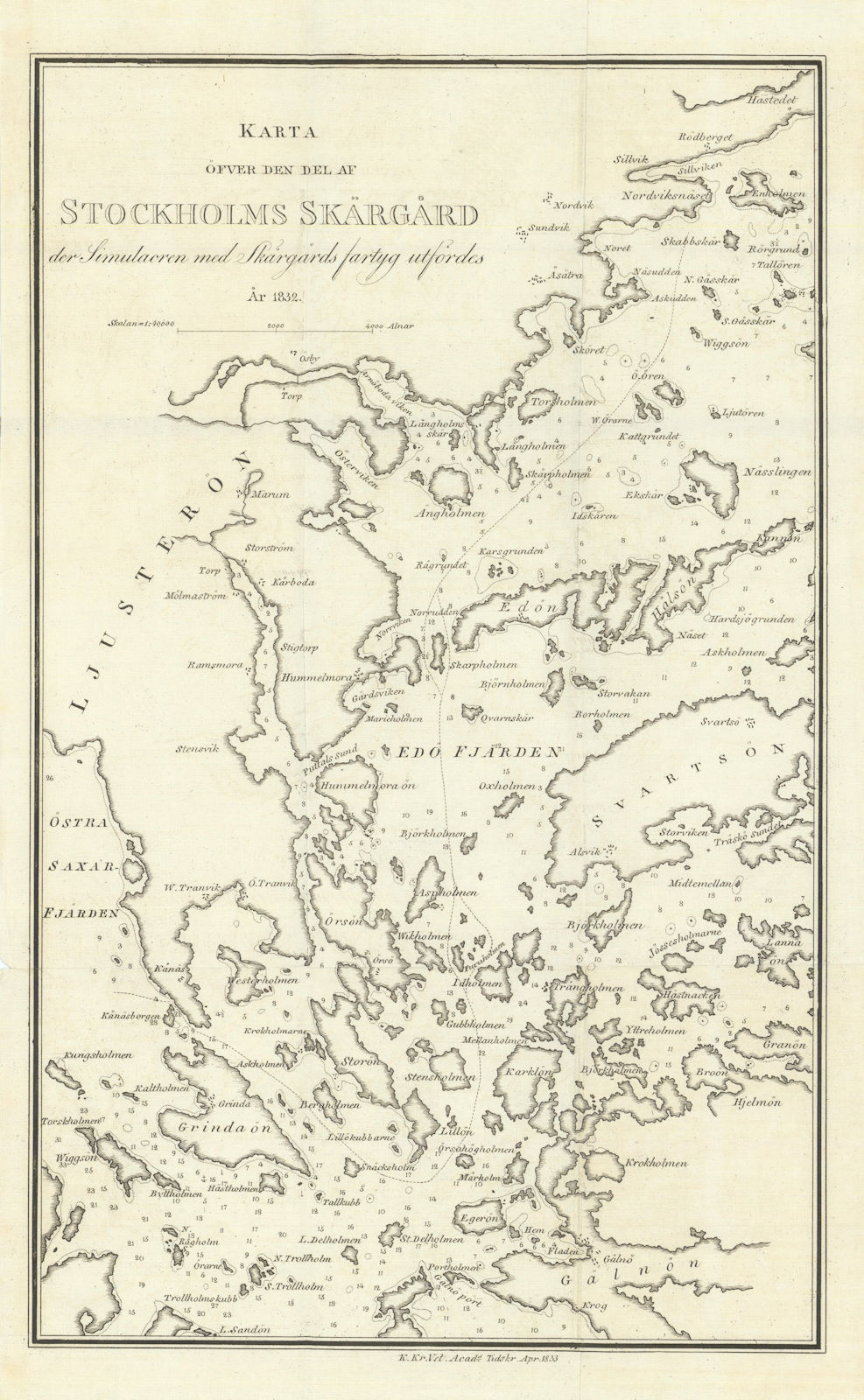 Karta öfver den del av Stockholms Skärgård. Stockholm Archipelago KKRVA 1833 map