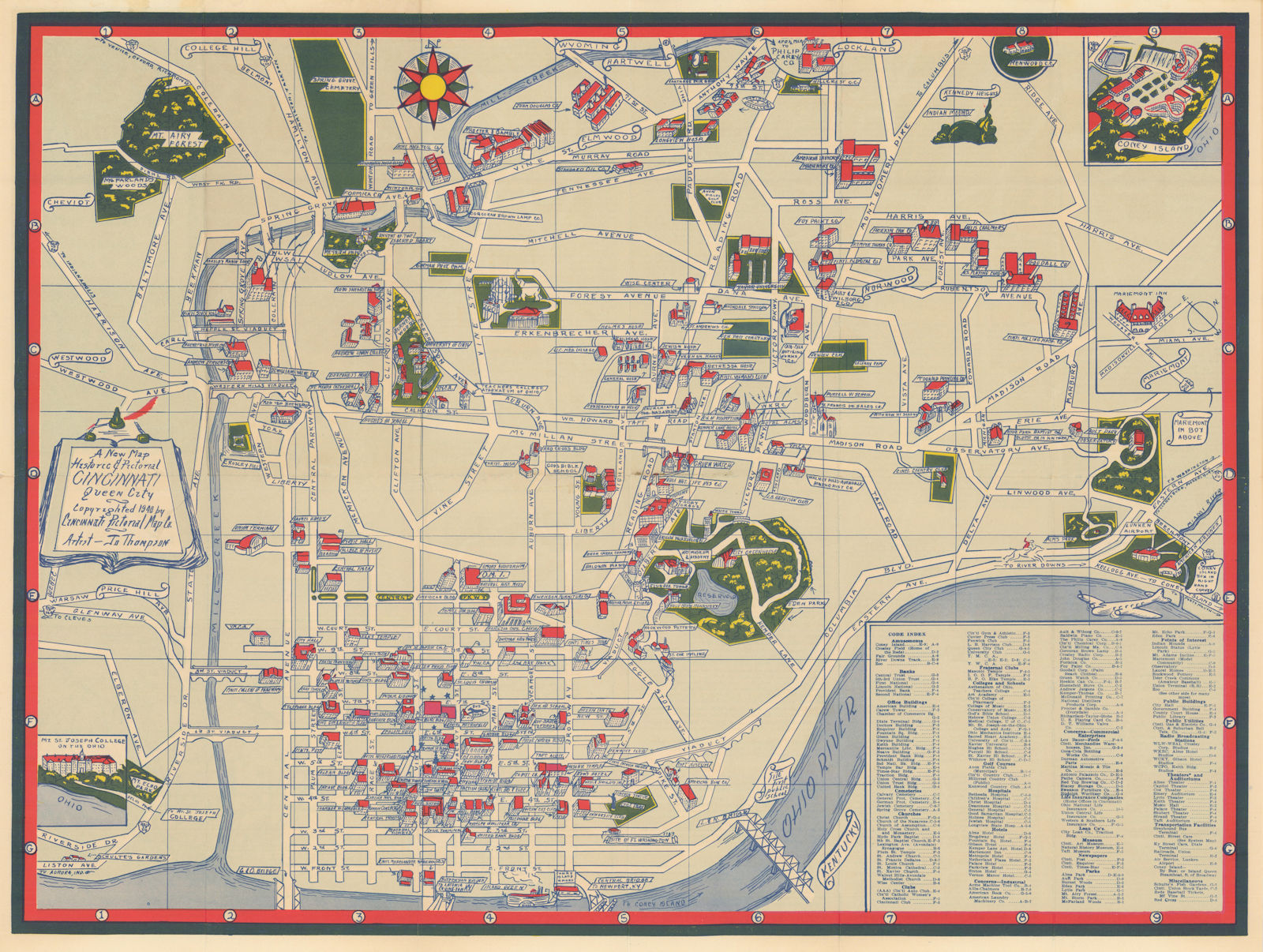 A New Map Historical & Pictorial of Cincinnati, Queen City. 17x22in 1940