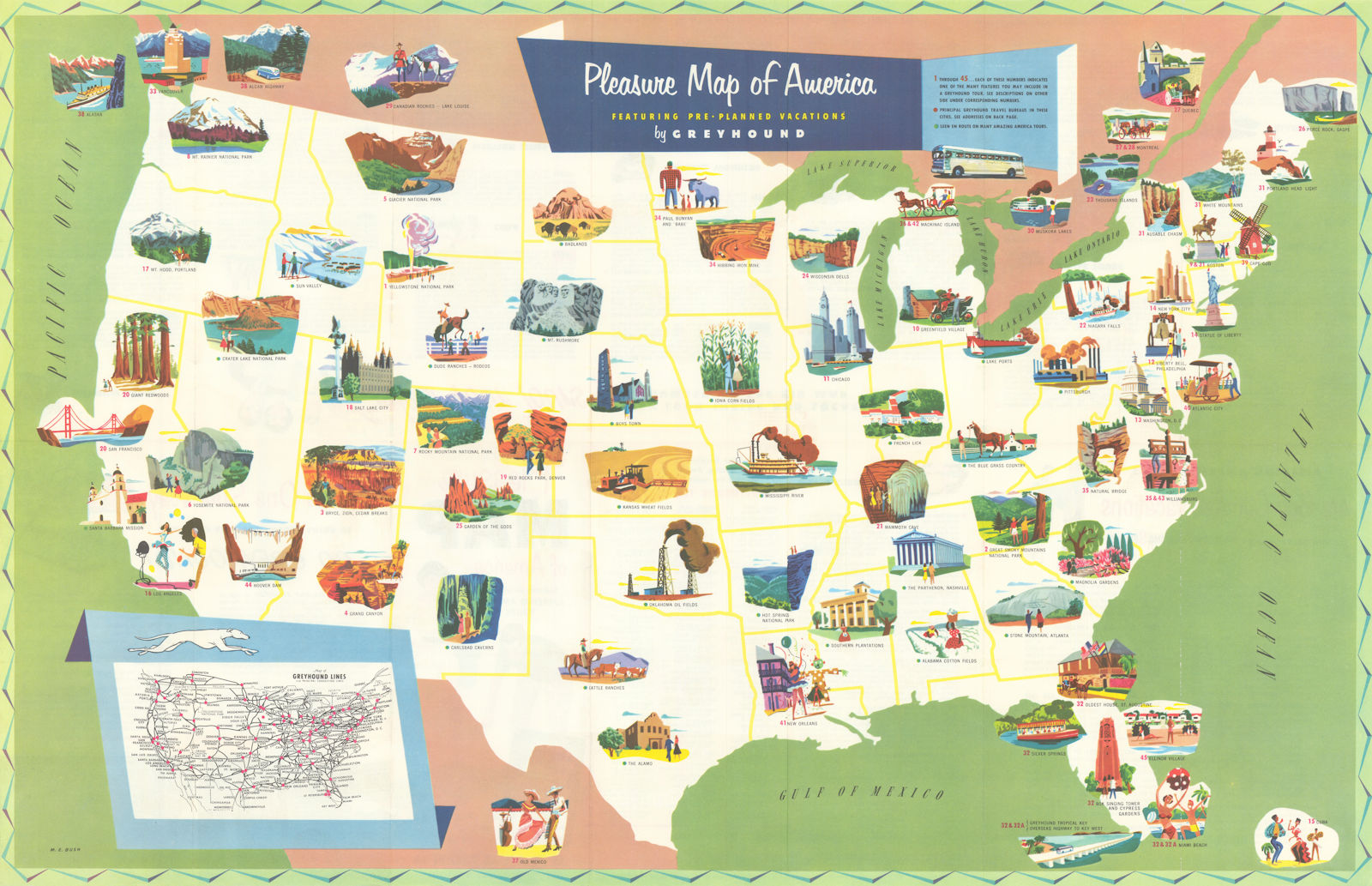 Pleasure map of America featuring pre-planned Greyhound vacations 18x28in 1954