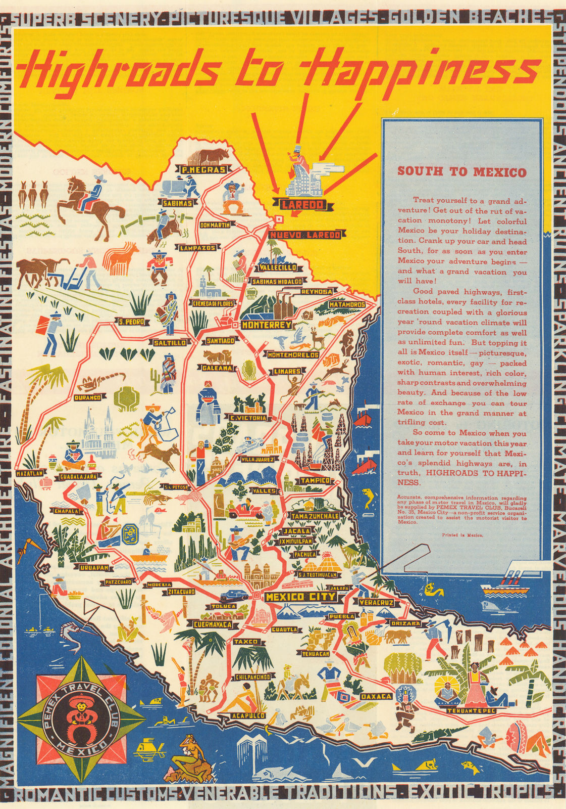 Associate Product Highroads to Happiness. Mexico tourist map 45x32cm c1955 old vintage chart