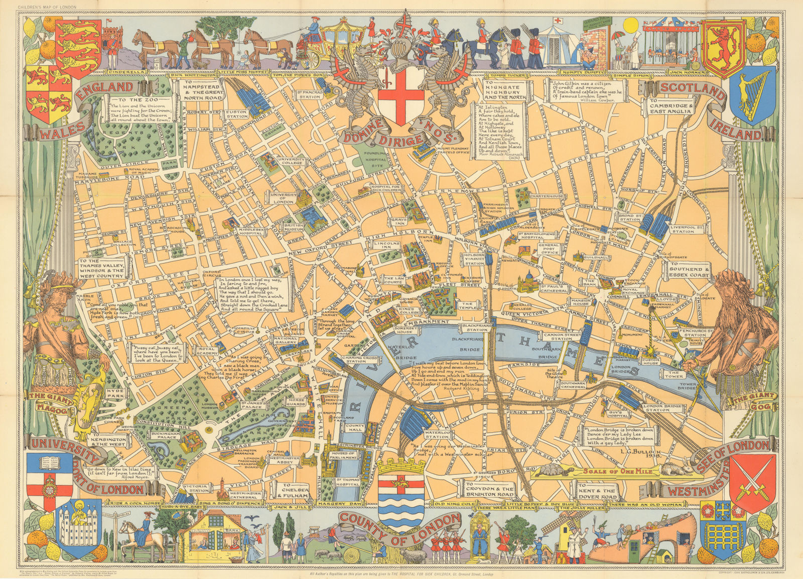 Children's Map of London. Pictorial map by John Bartholomew. 55x76cm 1939