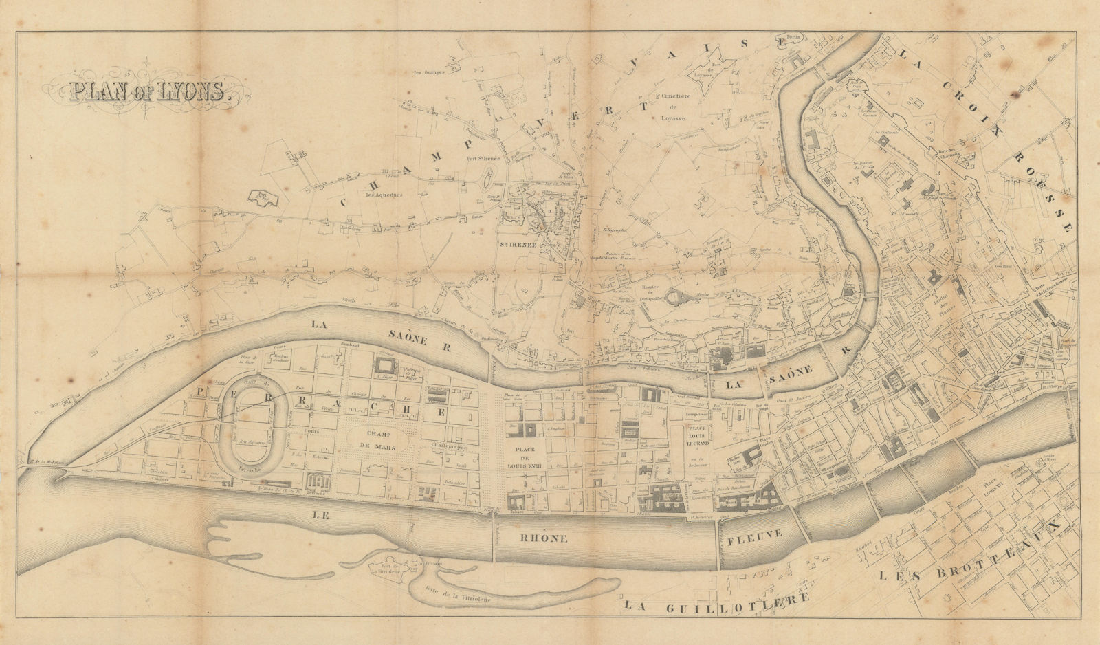 Town city plan of Lyons, France. BRADSHAW c1853 old antique map chart