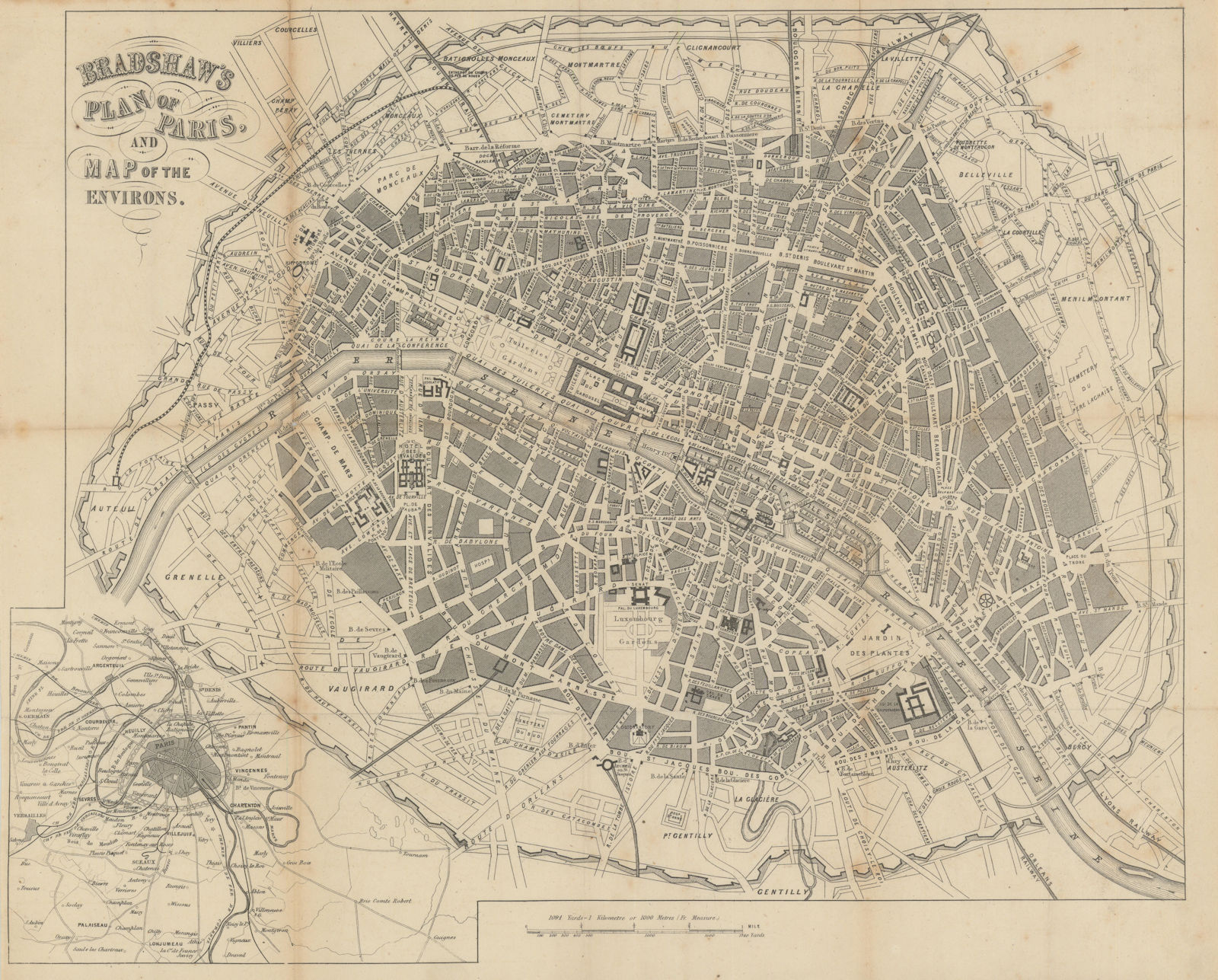 Associate Product Bradshaw's town city plan of Paris and map of environs. BRADSHAW c1853 old