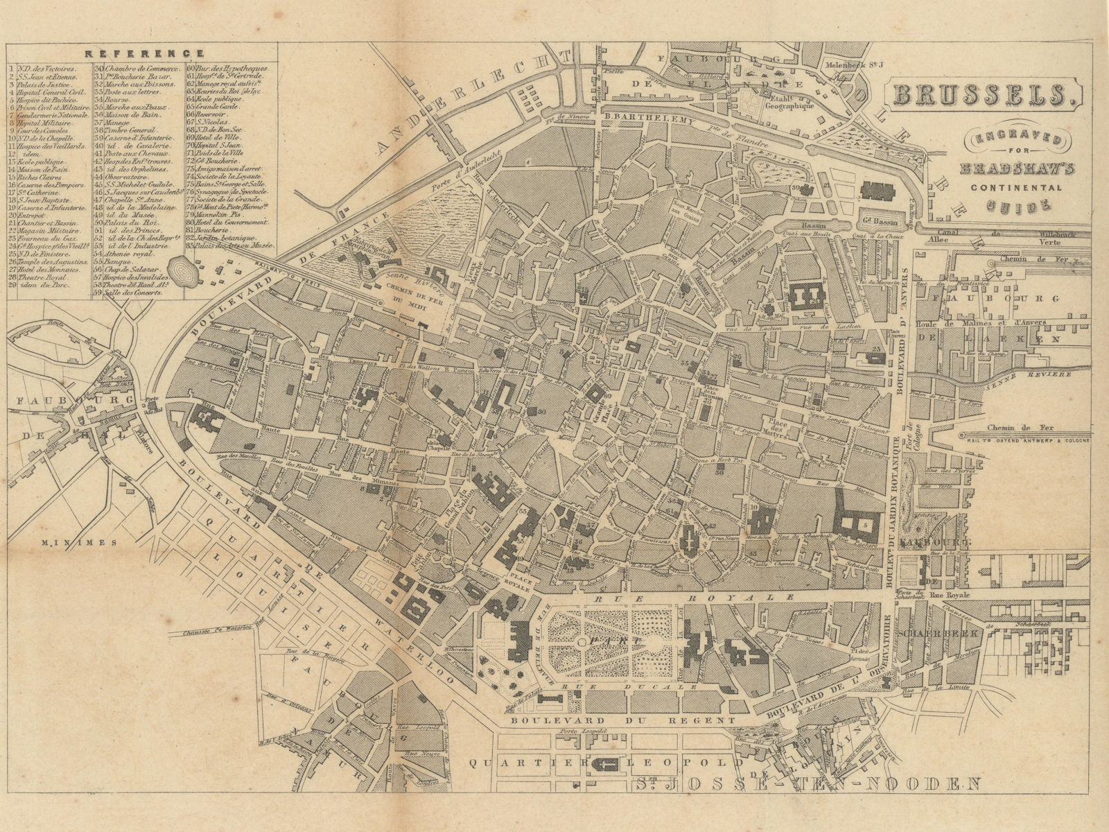 Associate Product Town city plan of Brussels engraved for Bradshaw's Continental guide c1853 map