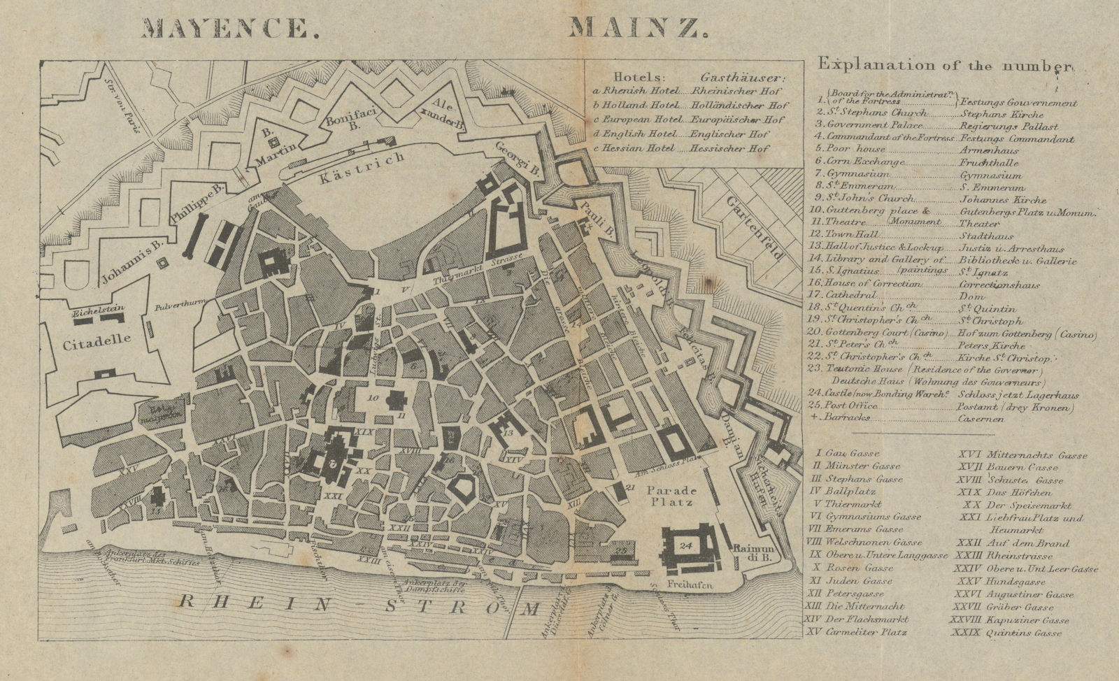 Associate Product Mayence / Mainz town city plan. Germany. BRADSHAW c1853 old antique map chart