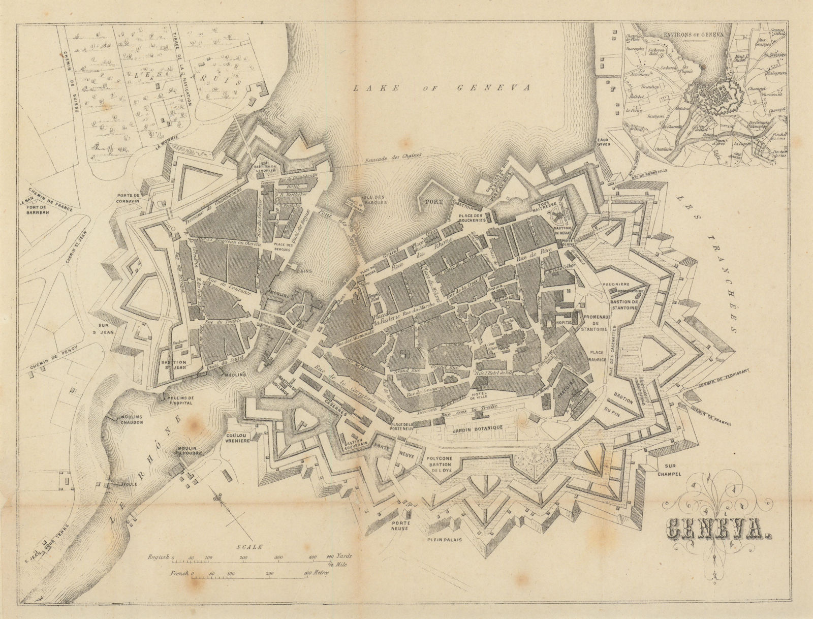 Geneva Genève Genf town city plan. Switzerland. BRADSHAW c1853 old antique map