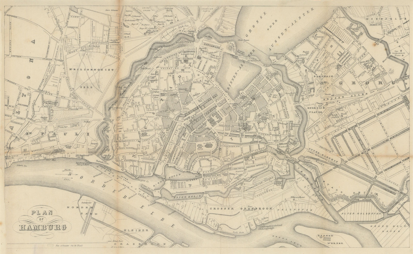 Associate Product Town city plan of Hamburg, Germany. BRADSHAW c1853 old antique map chart