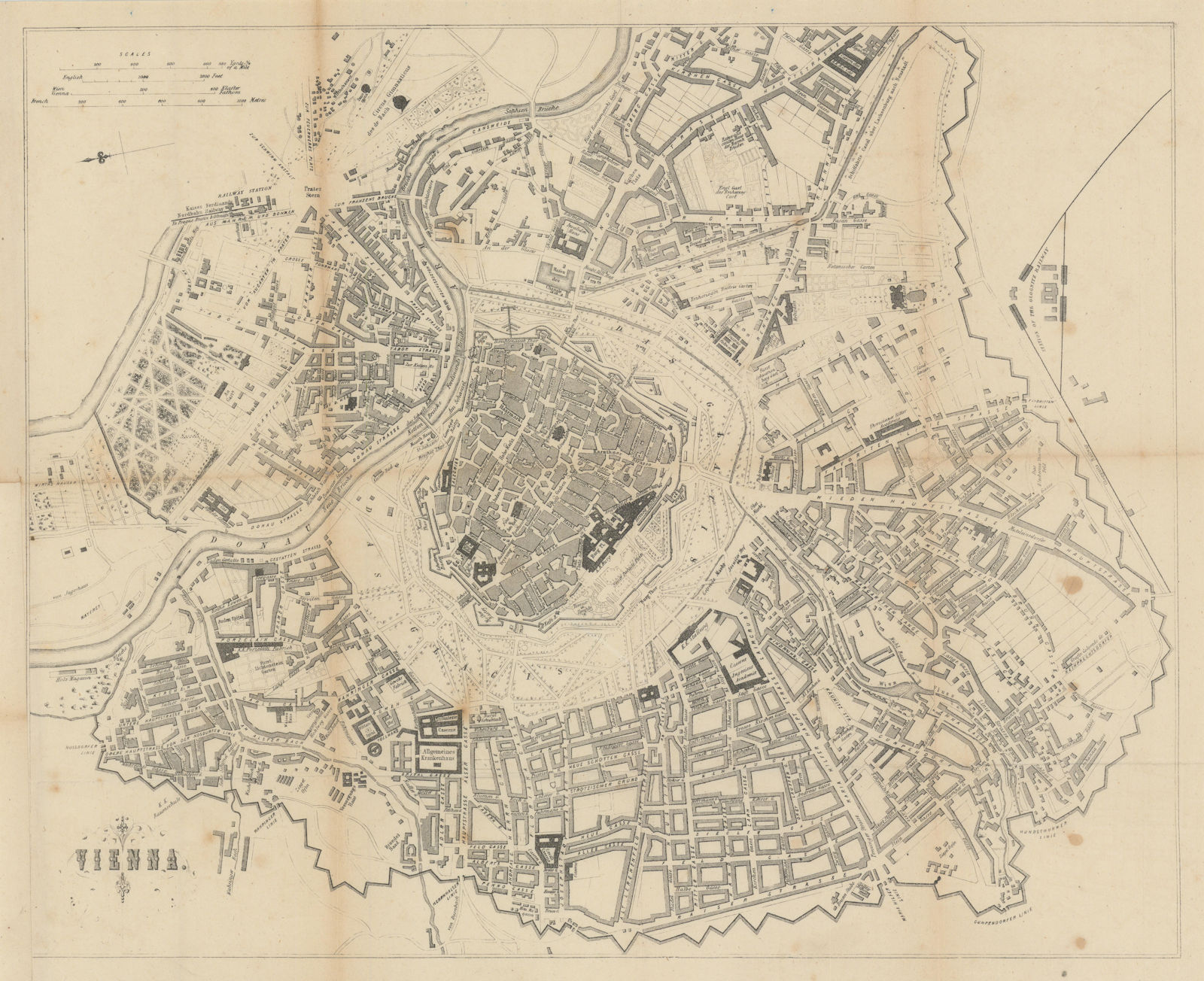 Vienna / Wien town city plan. Austria. BRADSHAW c1853 old antique map chart