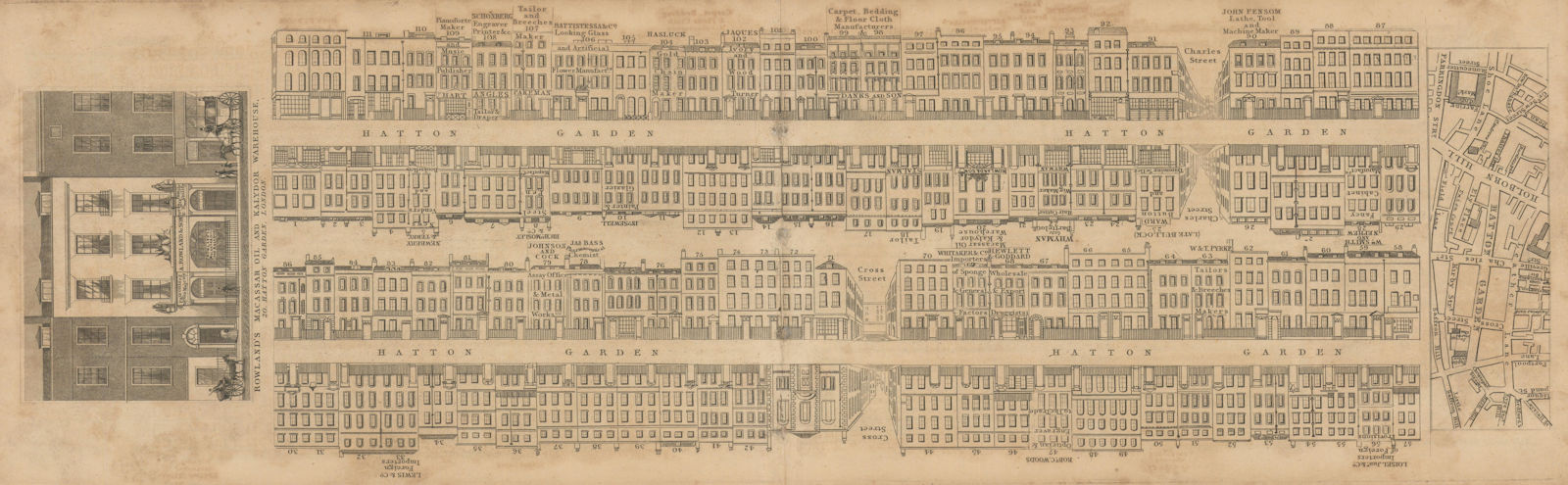 Associate Product Tallis London Street View #33 Hatton Garden 1838 old antique map plan chart