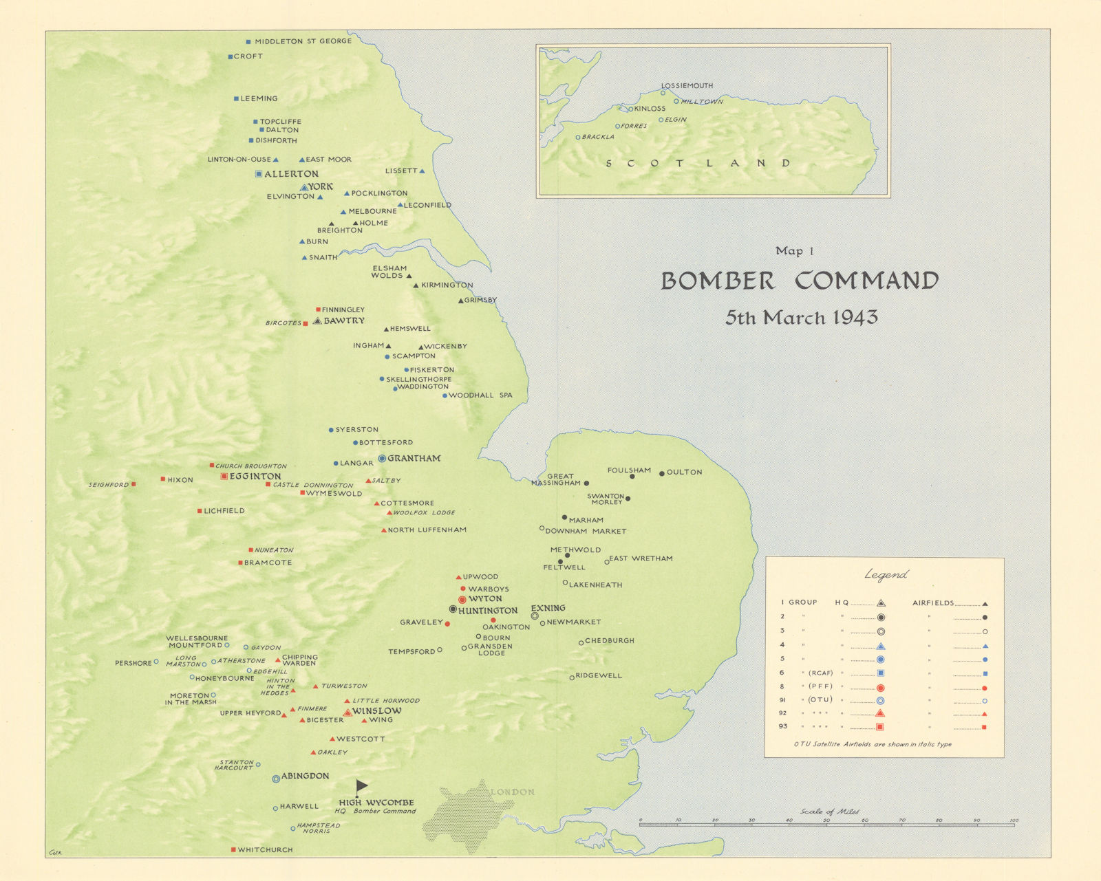 Associate Product RAF Bomber Command airfields & HQs, 5th March 1943. World War Two 1961 old map