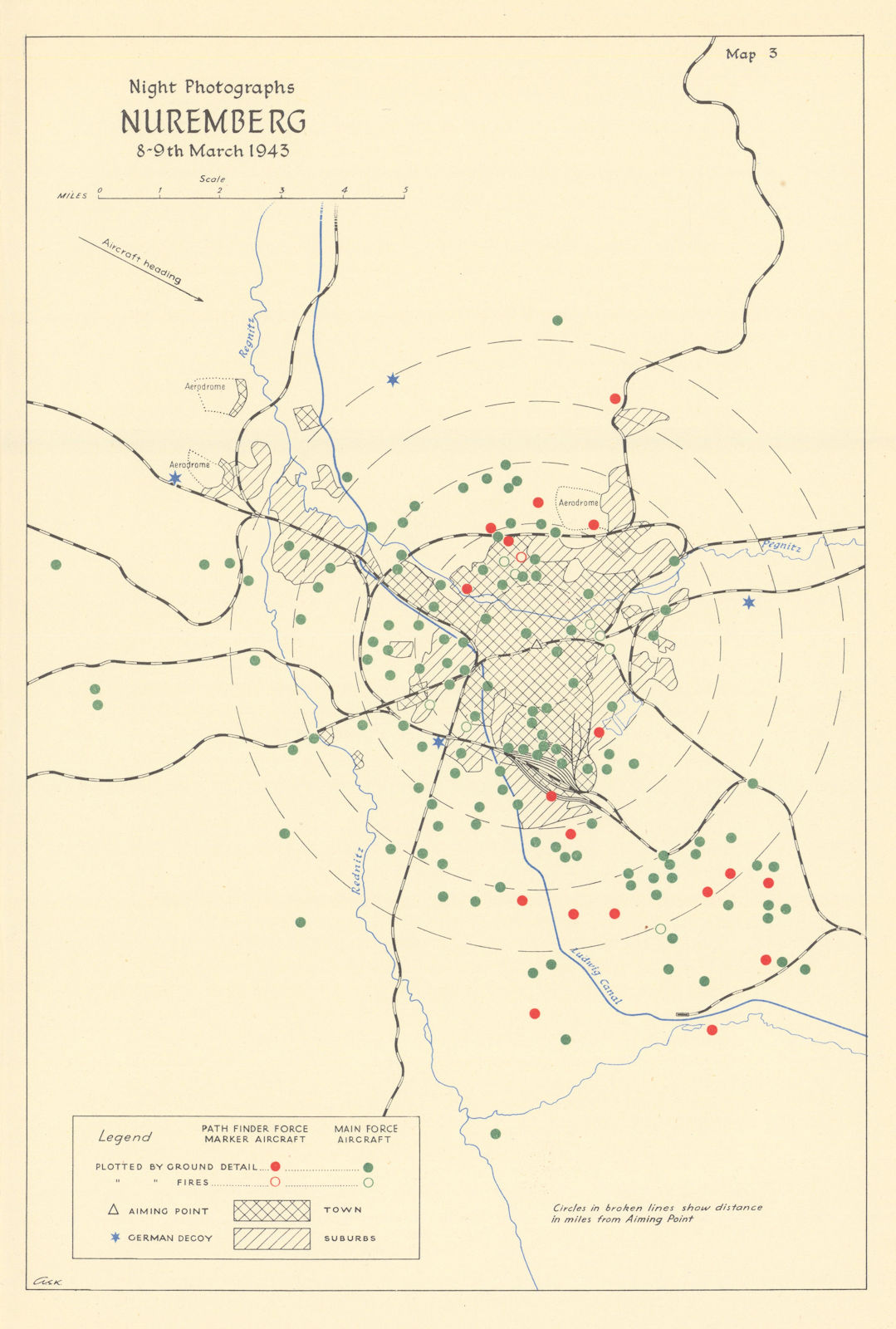 Associate Product Nuremberg 8-9th March 1943 RAF bombing impact assessment. World War Two 1961 map