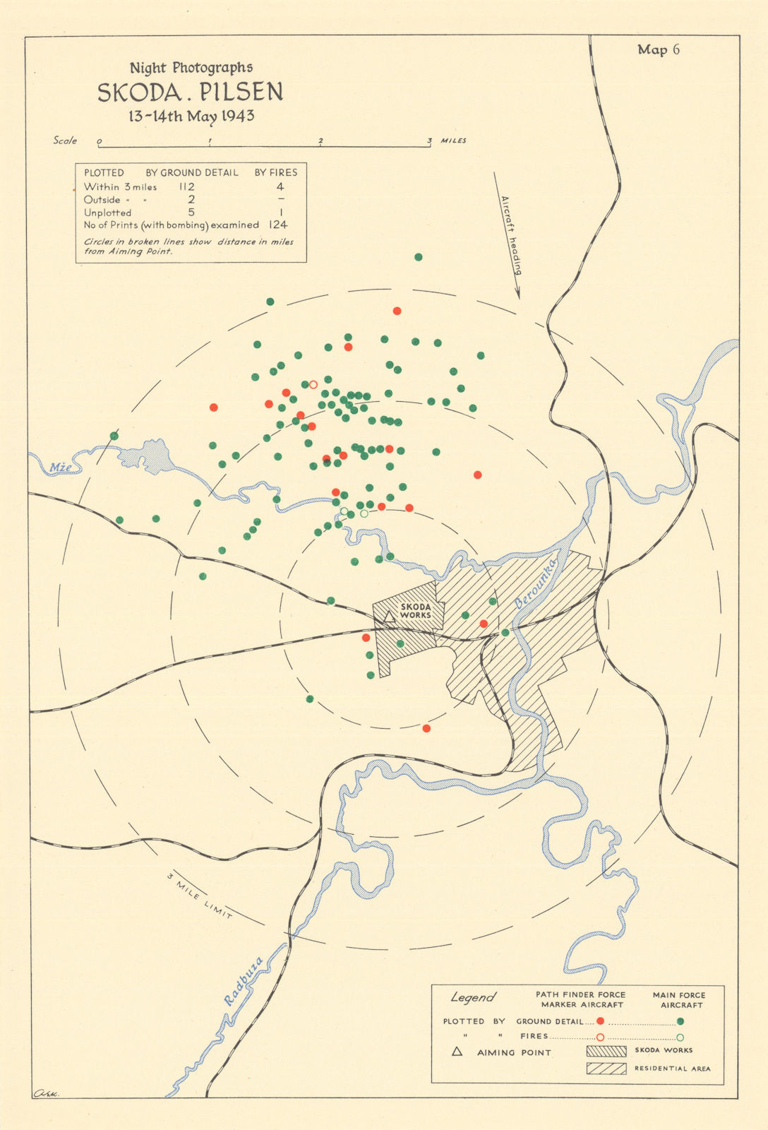 Associate Product Skoda factory, Pilsen 13-14 May 1943 RAF bombing impact assessment. WW2 1961 map