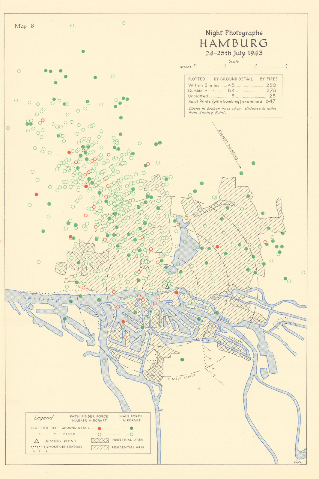 Associate Product Hamburg 24-25th July 1943 RAF bombing impact assessment. World War Two 1961 map