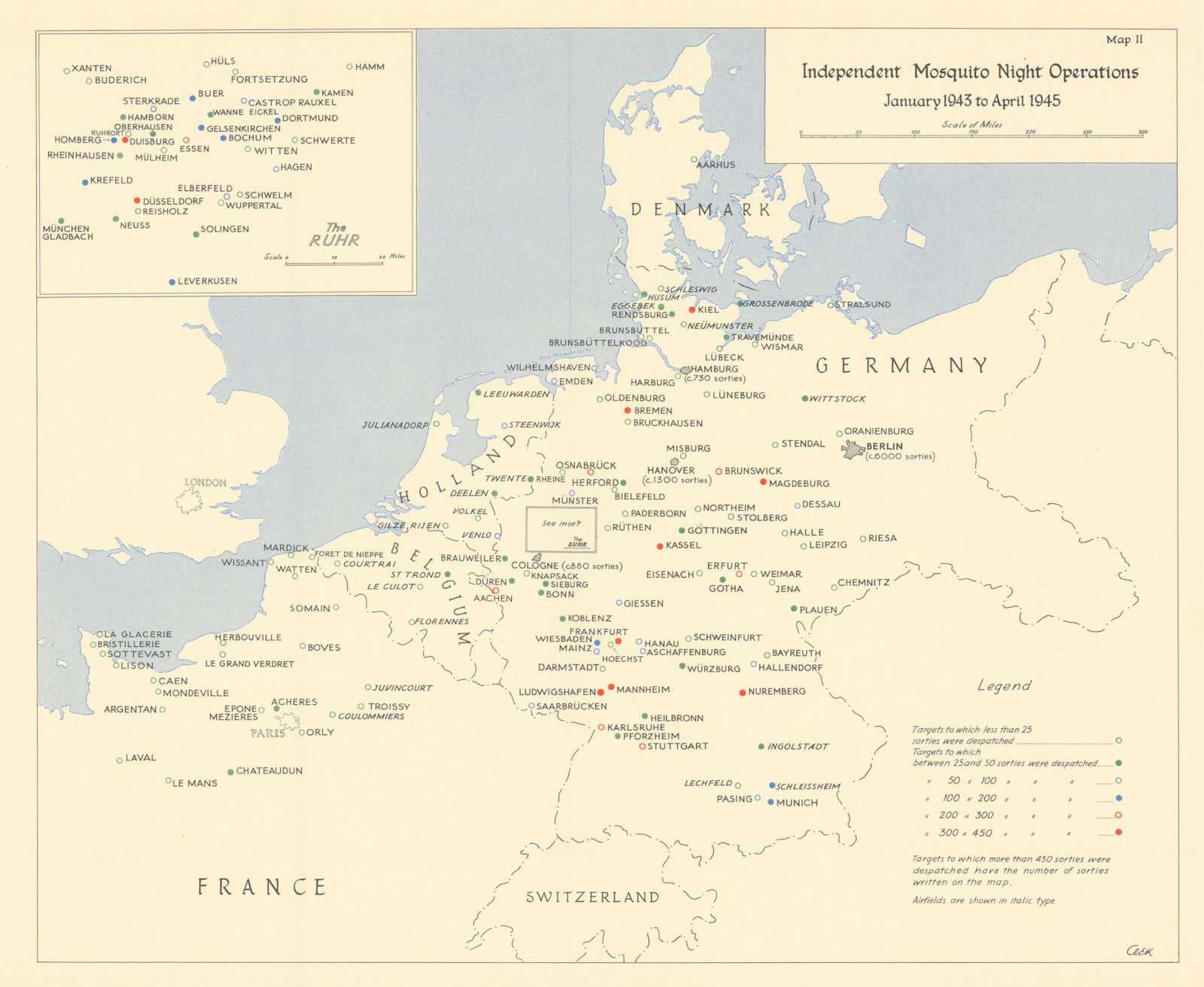 Associate Product RAF Mosquito aircraft night operation sorties 1943-45. World War Two 1961 map